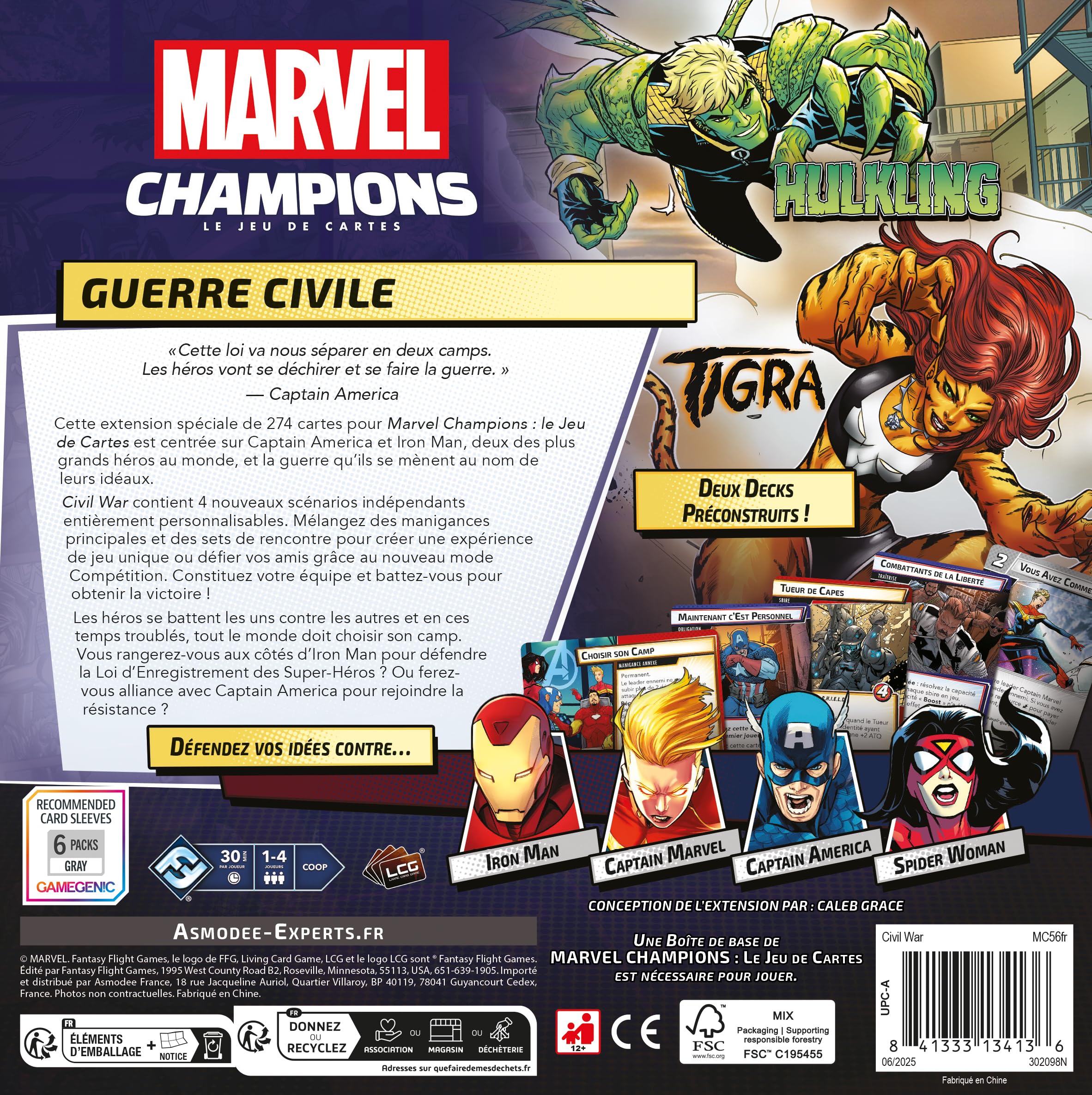 Asmodee Marvel Champions: Civil War – FFG – Extensión de Juego de Cartas cooperativo – 2 Decks preconstruidos – 4 escenarios para enfrentar a los Vengadores – Versión Francesa