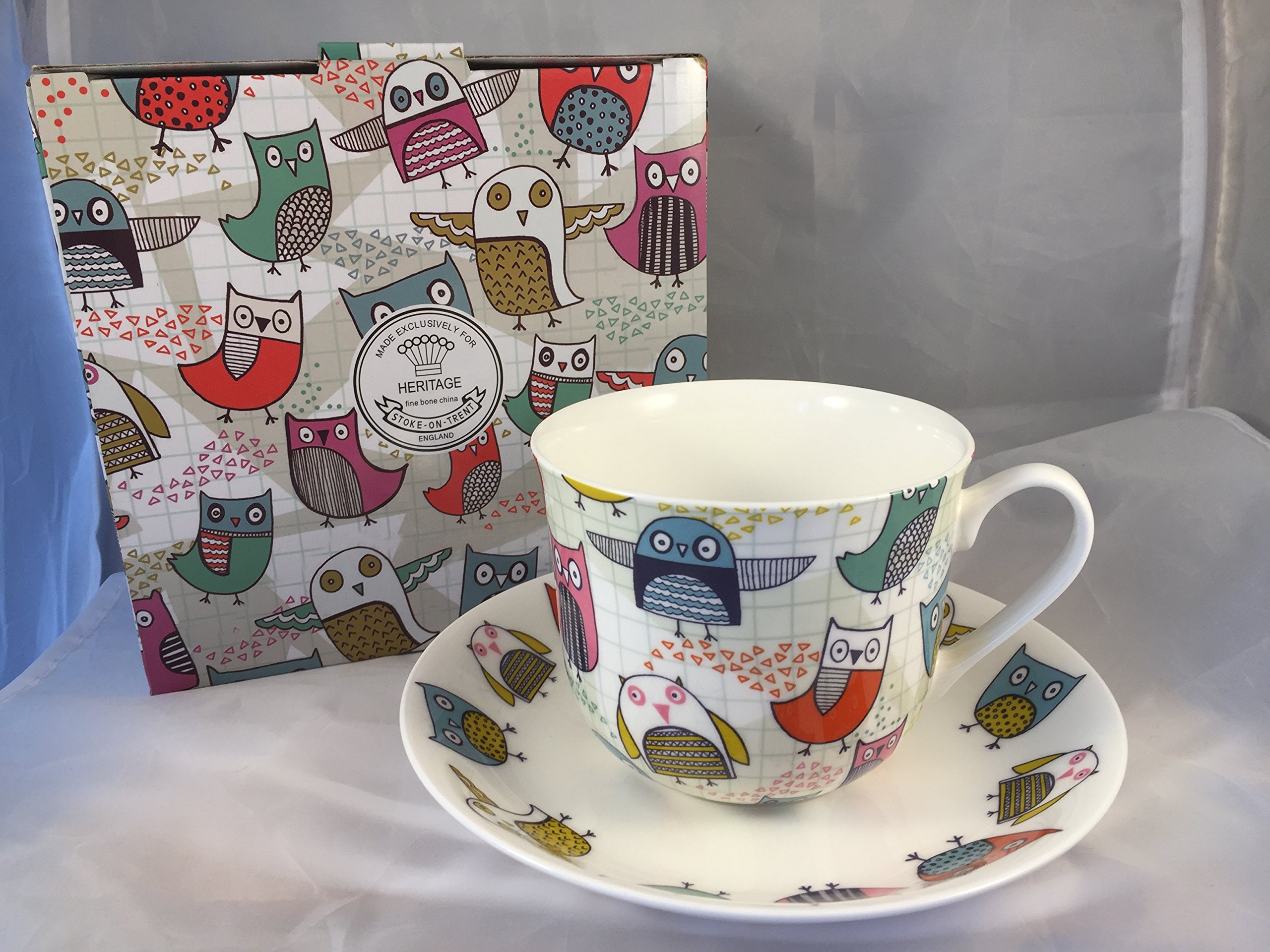 Heritage White Bone China Breakfast Cup/Saucer Owls Gift Boxed Postage Free Uk