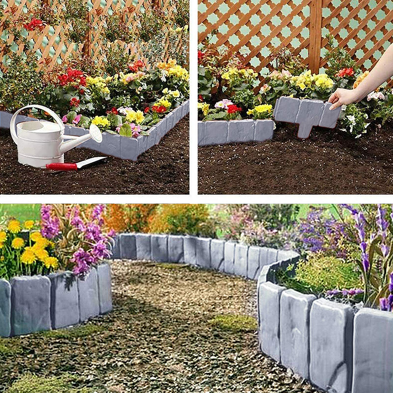 UISEBRT 40 Pezzi Bordo per Giardini Grigio 10m, Bordo per Prato in plastica, Effetto Pietra, Palizzata per Giardino Bordo Aiuole, Grigio