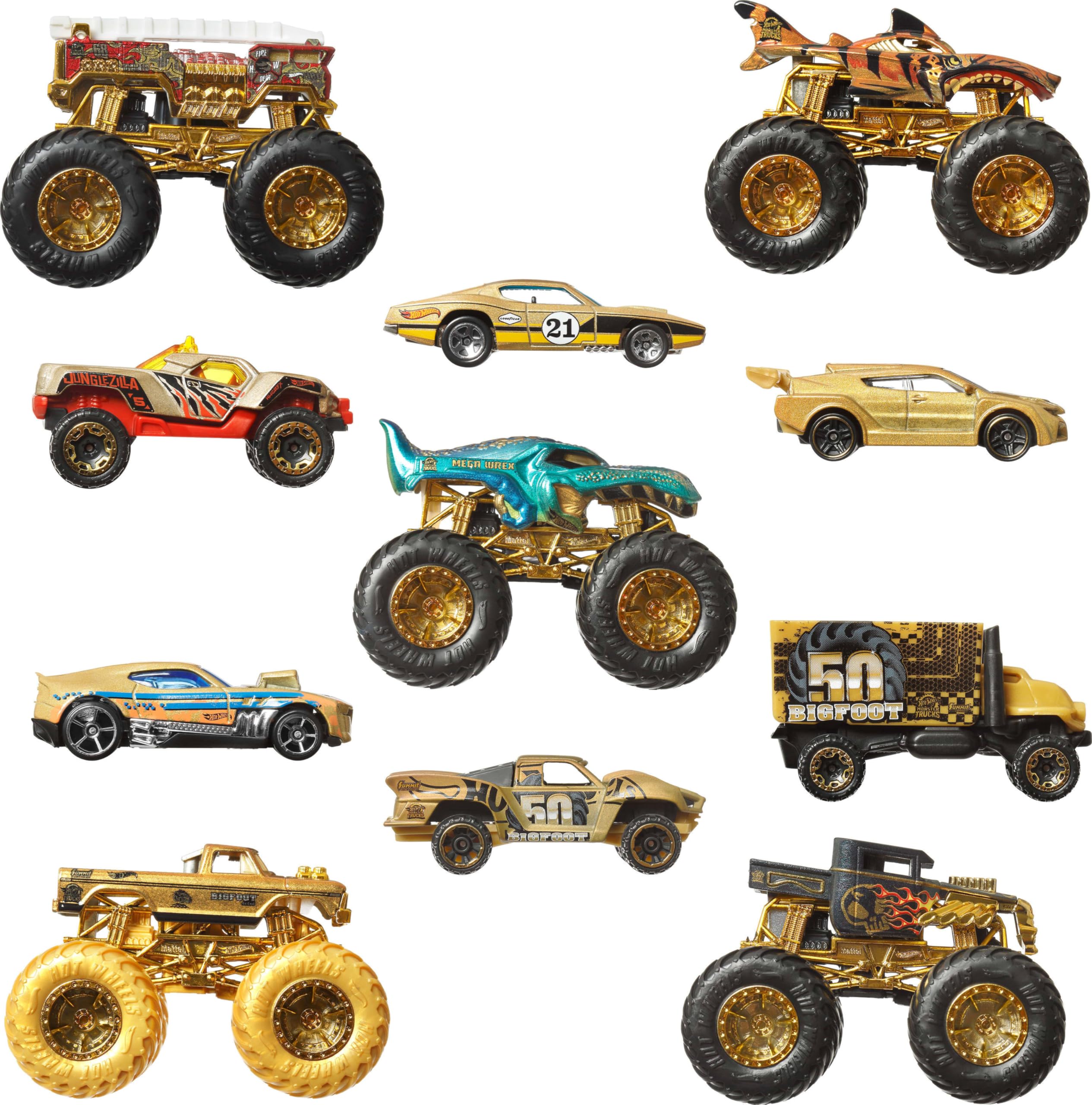 Hot Wheels Monster Trucks Campeones de trofeo Colección de coches y camiones, con vehículos metálicos: Bigfoot, 5-Alarm, Bone Shaker, Mega-Wrex y Tiger Shark, además de seis coches, JDW07 — view 4