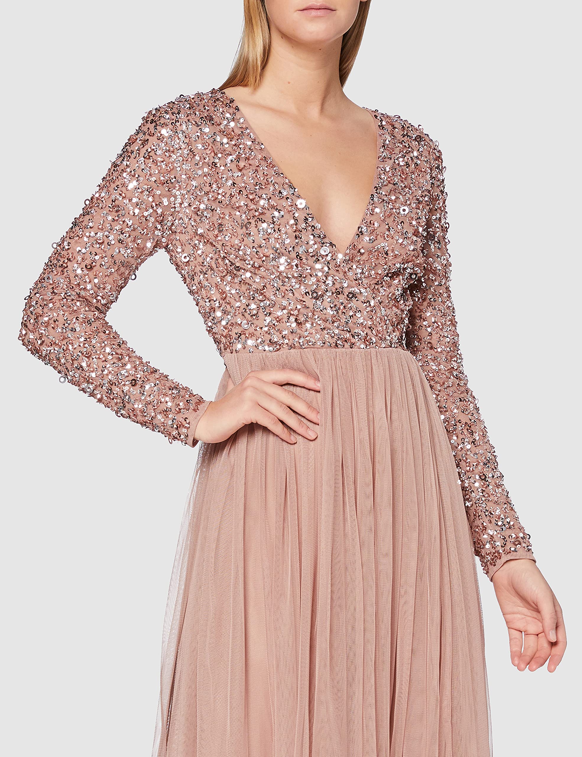 Maya Deluxe Damen Maya Midi-Brautjungfernkleid in Wickeloptik mit Verzierungen vorne Mauve Größe 48 – Bild 2