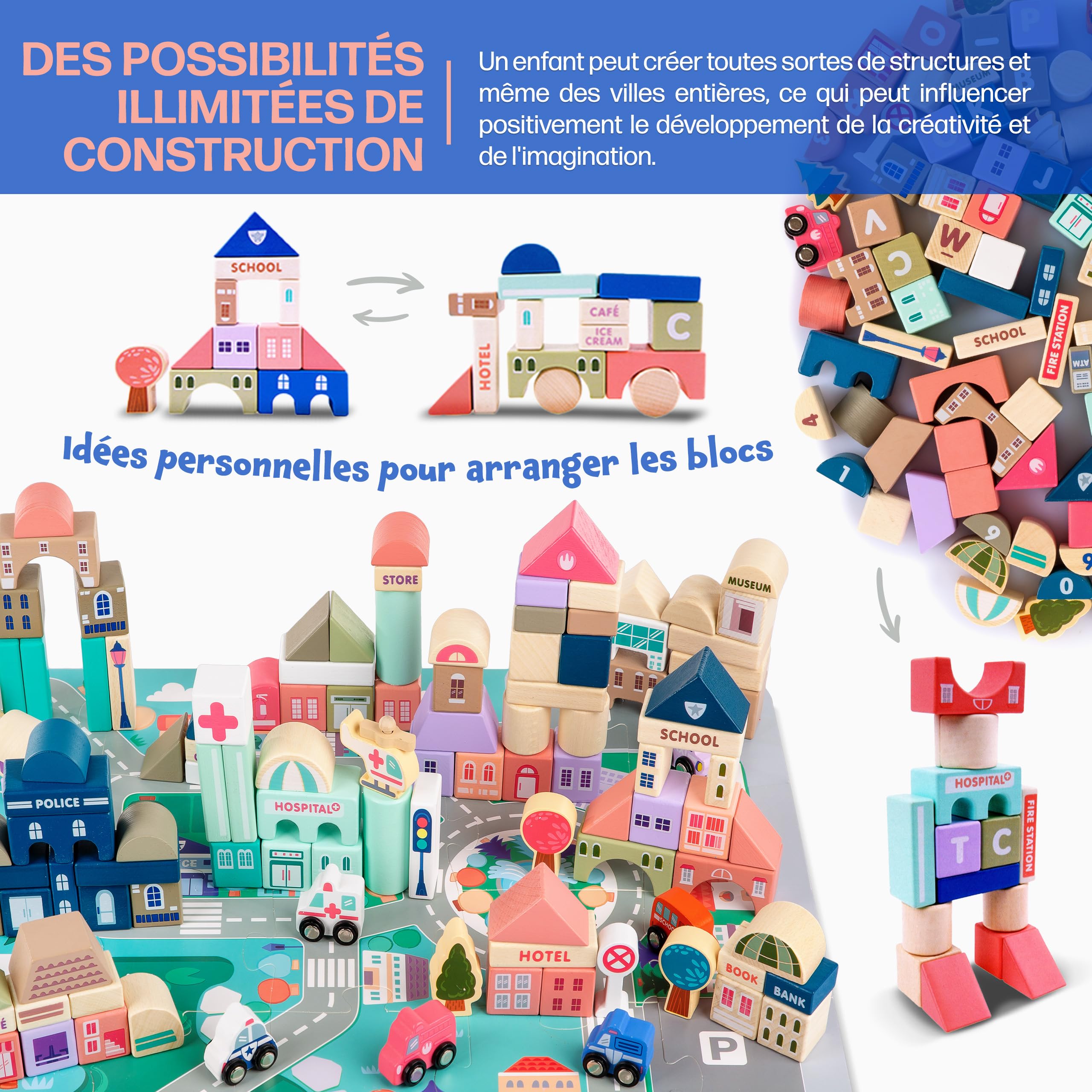 Kinderplay Green Series 115 Elements Jeux de Construction 2 Ans | Cubes en Bois pour Jouer - Bloc de Construction Bois | Jeu Route | Ville | Jeu de Construction | Jeux Construction, KP8464