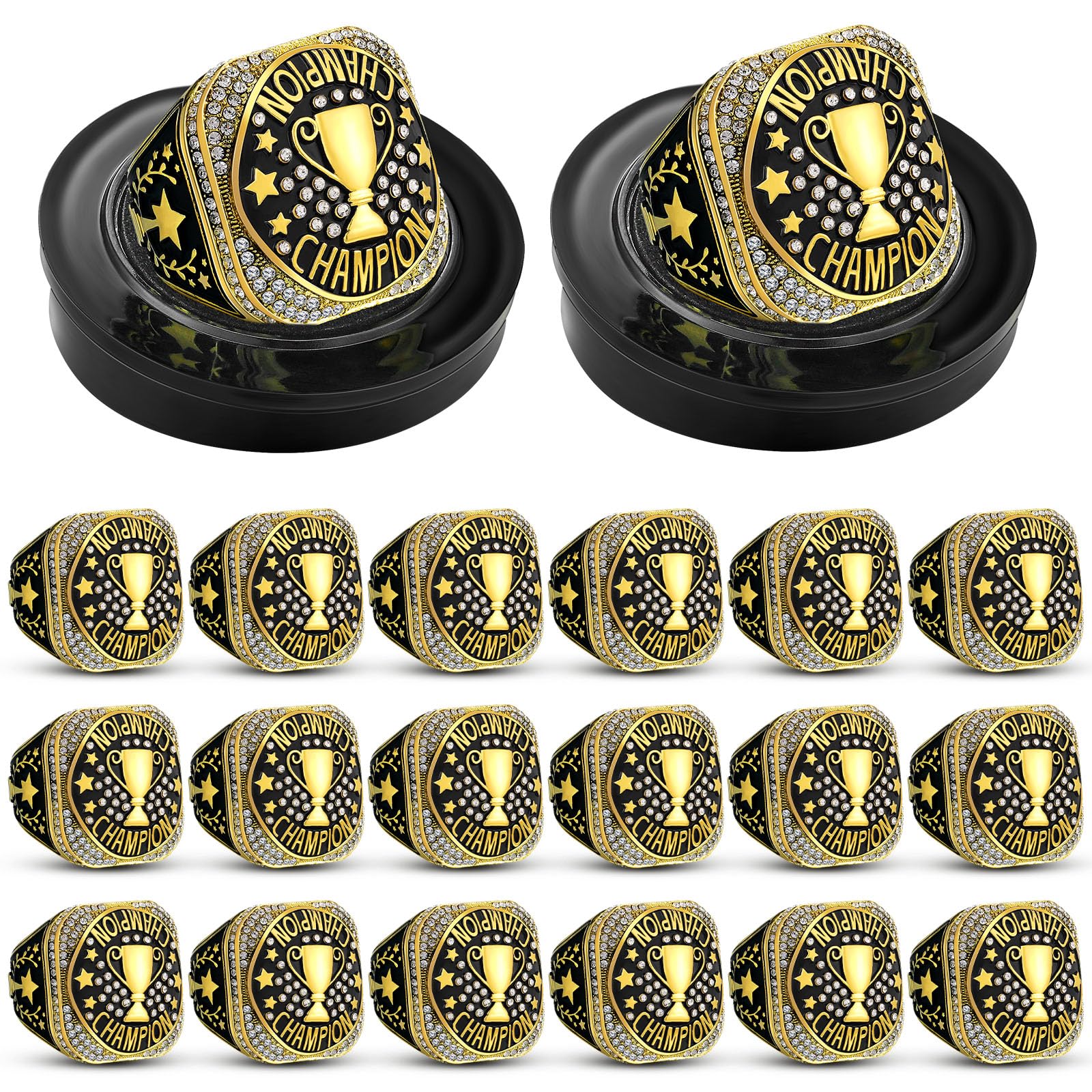 Highergo 20 Pcs Basketball Softball Championship Rings with Display Neck Chain and Stand Baseball Volleyball Soccer Trophy Rings Bulk for Tournament Award Gift(Gold,Championship)
