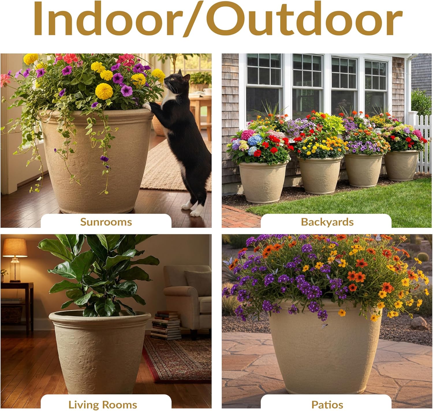 Sunnydaze 20-Inch Anjelica Large Plastic Pot for Plants - Outdoor Double-Walled Large Plastic Planter with Drillable Drainage Holes - Beige - 4pk