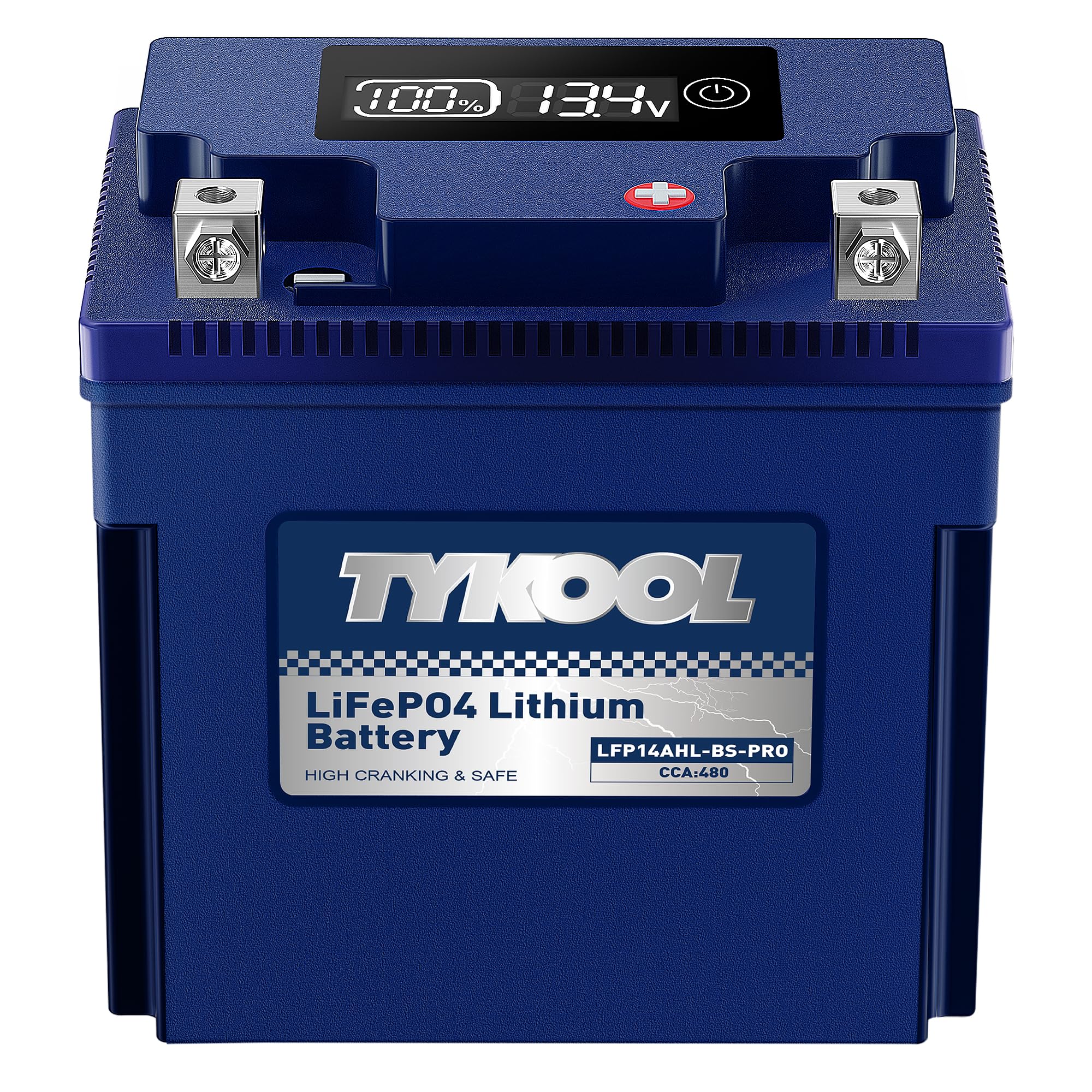 TYKOOL LFP14AHL-BS-PRO Lithium Battery, 480CCA 8Ah, Replaces YTX14AHL-BS, Fits for Motorcycle ATV Snowmobile Scooter, Compatible with Moto Guzzi V7 Royal Enfield Arctic Cat, Digital Readout [- +]