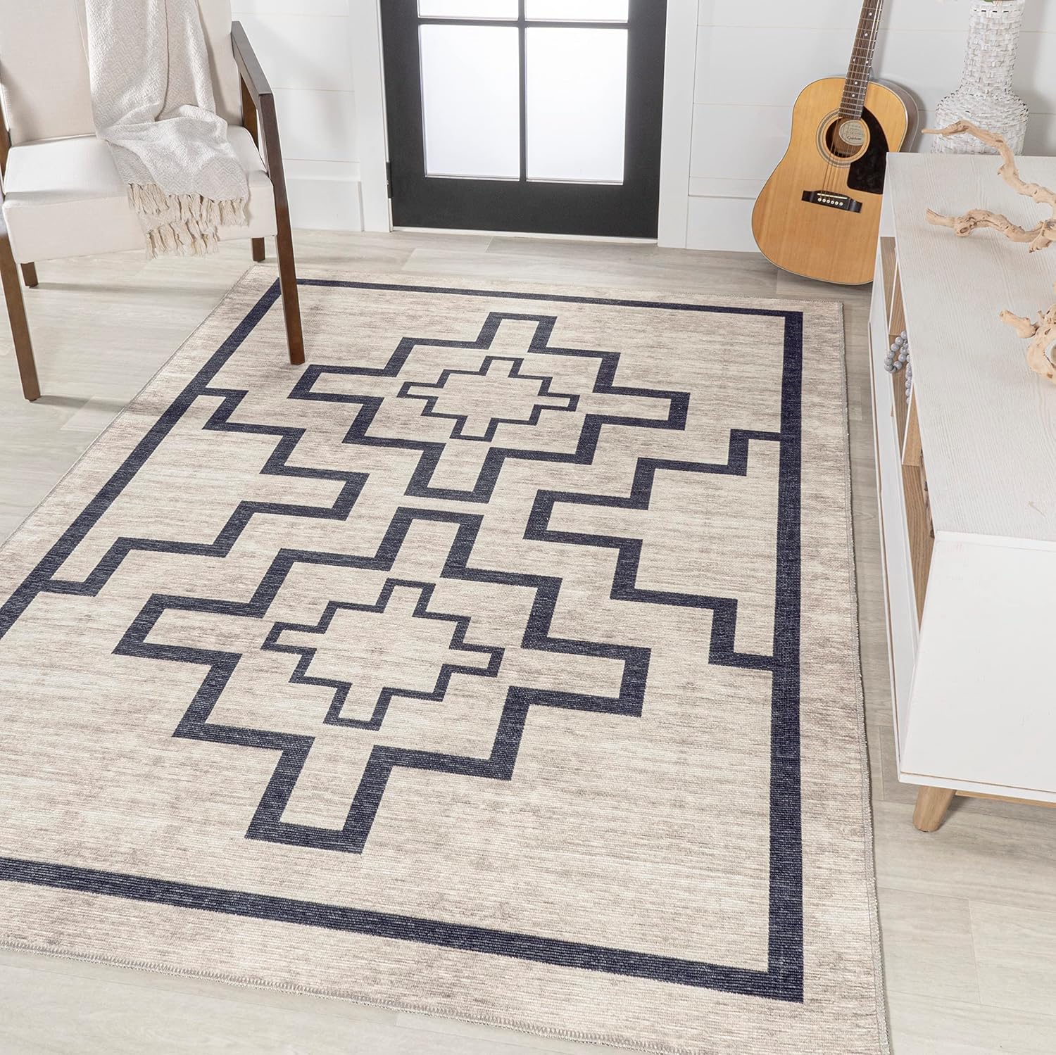JONATHAN Y Machine Washable Indoor Area Rug 9X12 Ivory/Dark Gray, Ashkii Minimalist Medallion for Living Room, Bedroom, Kitchen, Office, Easy-Cleaning, Pet-Friendly, Non-Shedding WSH115A-9