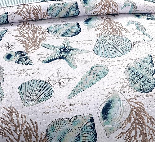 Miniatura 3 de Juego de colcha reversible de 3 piezas con temática náutica tamaño Queen (90 x 90 pulgadas), juego de ropa de cama azul y verde con conchas marinas,