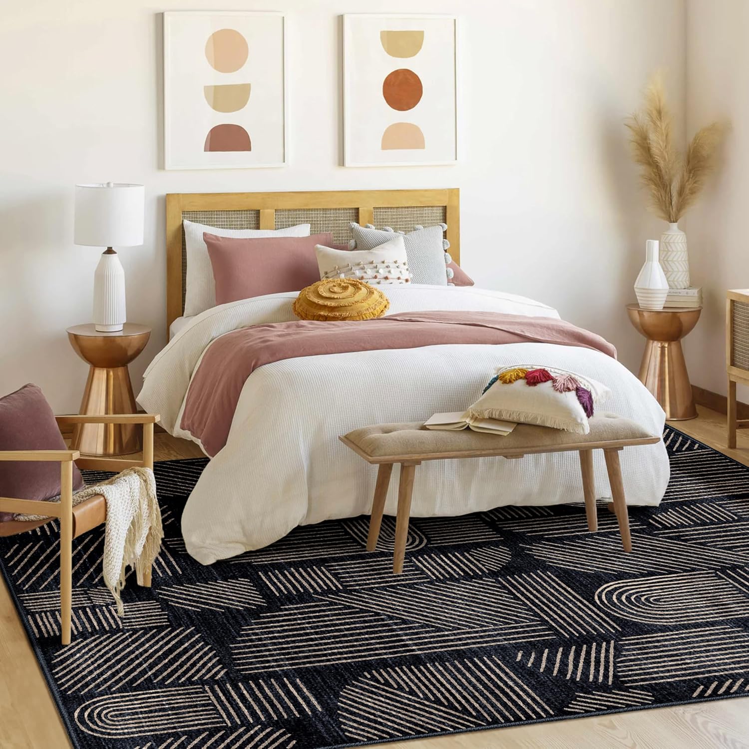 MUJOO 8x10 Washable Area Rug,Mid Century Modern Abstract Non Slip Low Pile Rug,Black and Gold Large Rug for Living Room Bedroom Dining Room