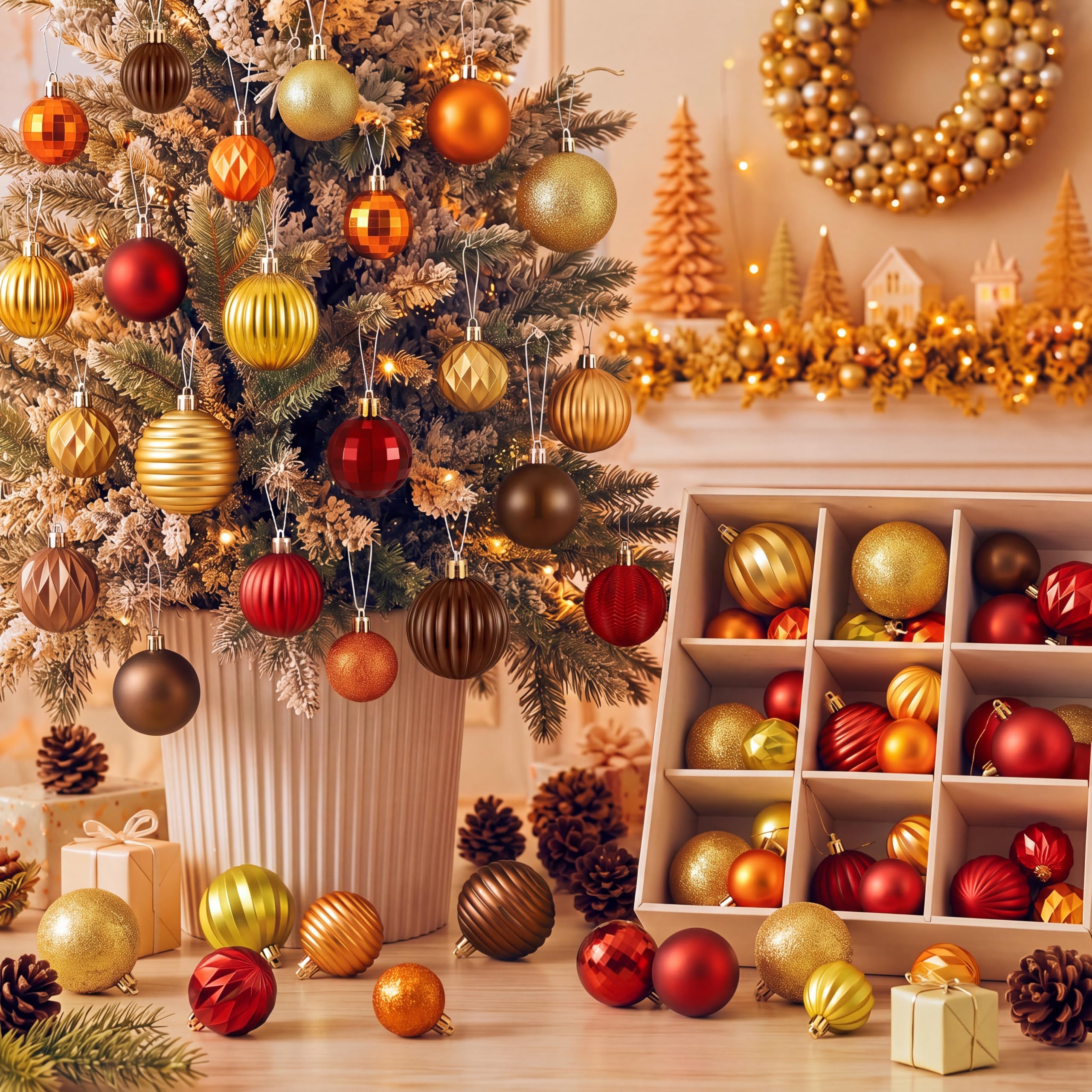 Lunmon 64 adornos de bola de otoño para árbol de Navidad con purpurina, dorado, naranja, rojo, marrón, decoración de otoño, adornos de cosecha de varios tamaños para suministros de fiesta,