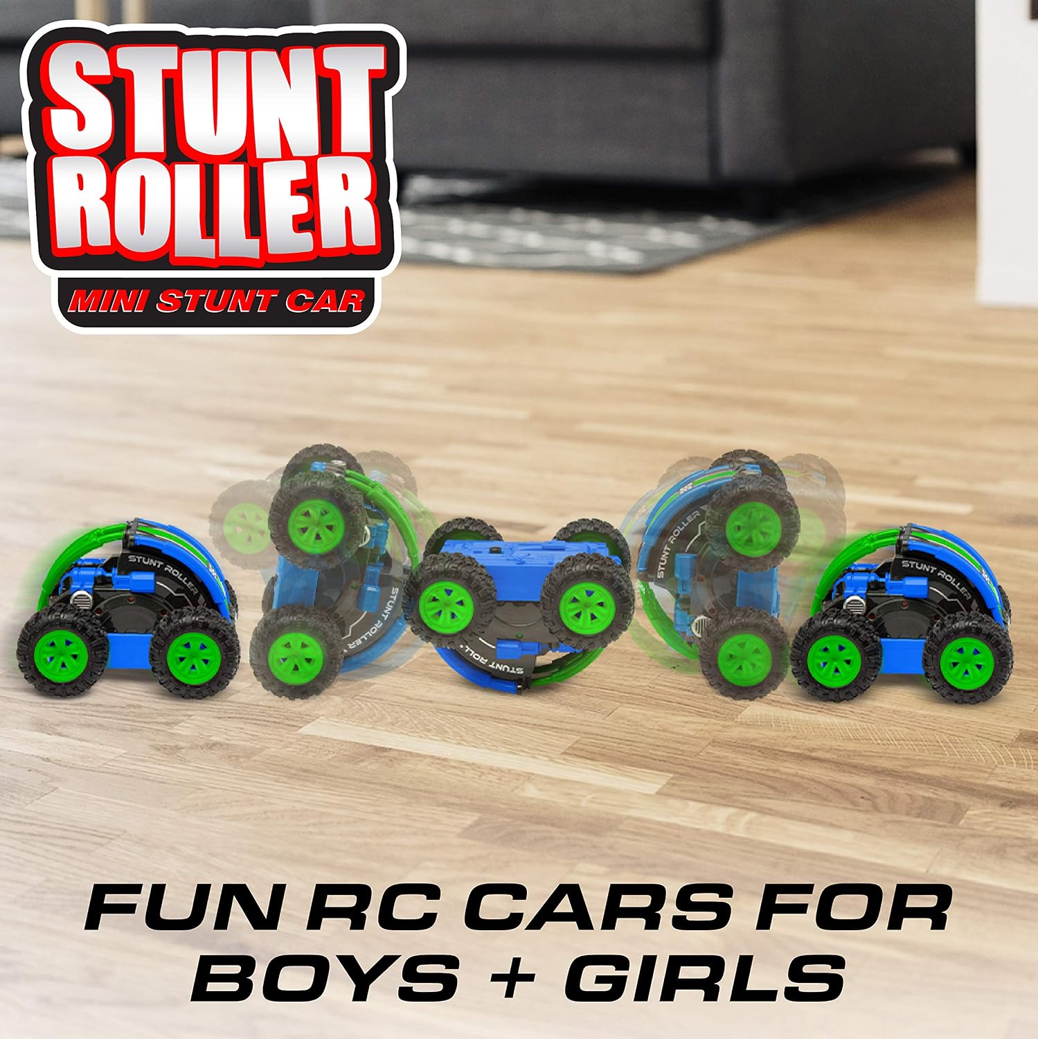 Power Your Fun Stunt Roller Mini Remote Control Car for Kids - Fast Mini Stunt RC Car, RC Toy Car 360 Flips, Tricks, and Spins with All-Terrain Tires and 2.4GHz Remote Control (Green/Blue)