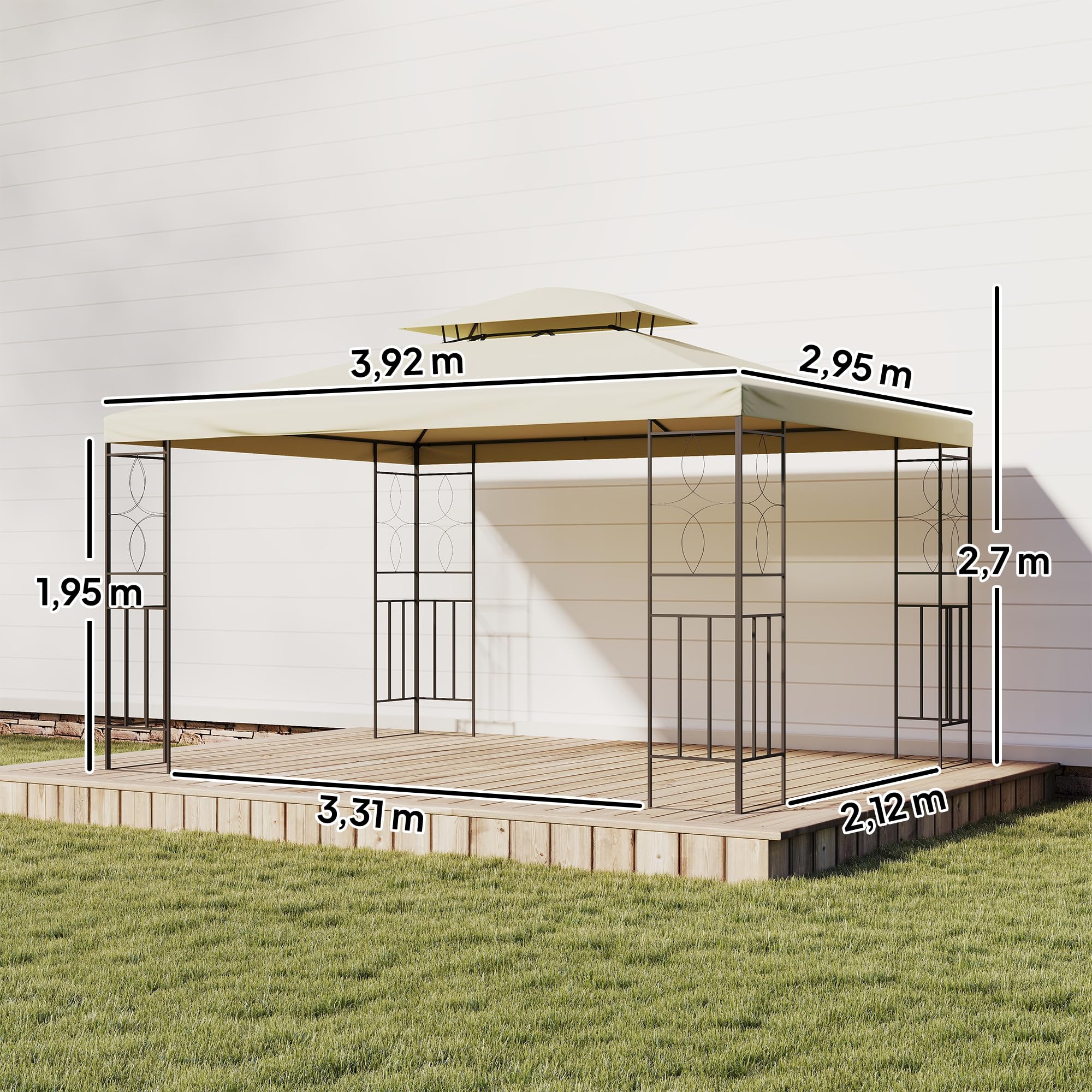 Outsunny Cenador de Jardín 3x4m Pabellón para Exterior con Doble Techo de Ventilación y 4 columnas de acero Estable para Fiestas Eventos Patio Crema