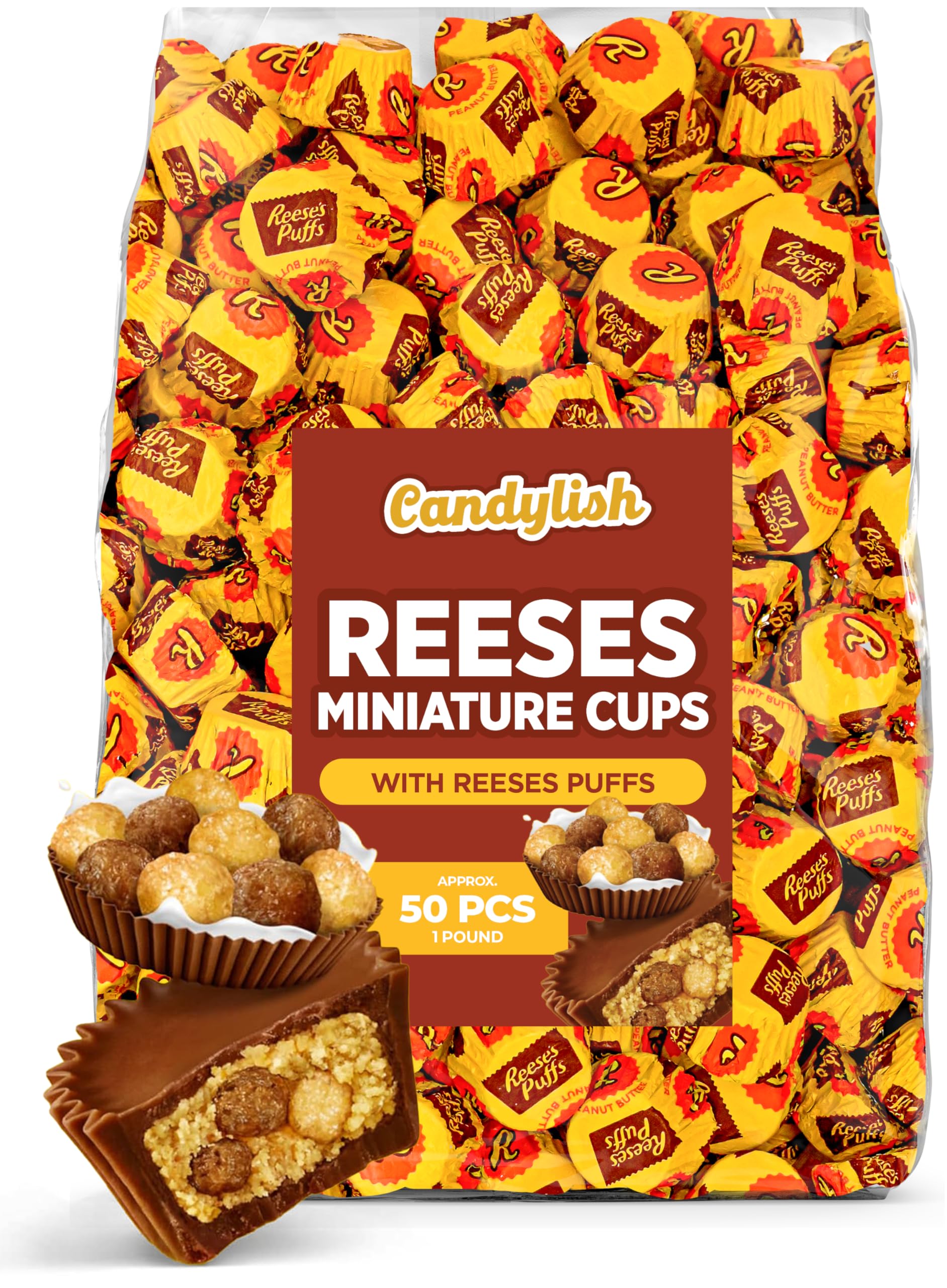 Reeces Peanut Butter Miniature Cups with Puffs - Bulk Candy 1 LB Bag - Approx. 50 Individually Wrapped Treats, Perfect for Snack Lovers