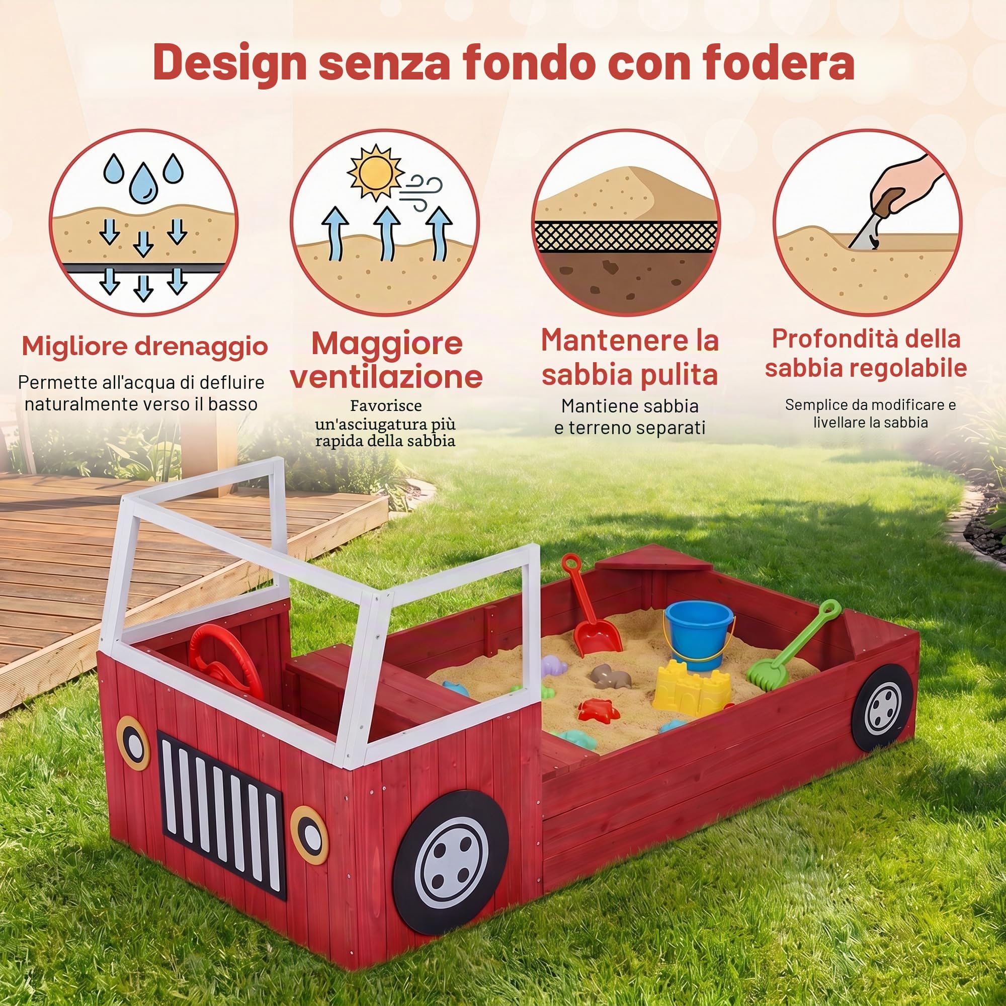 HOMASIS Sabbiera per Bambini in Legno, Sabbiera da Esterno a Forma di Autopompa con Panca, Sedile, Volante e Fodera, Gioco da Spiaggia per Cortile e Giardino, per Bambini 18+ Mesi, 156 x 80 x 70 cm