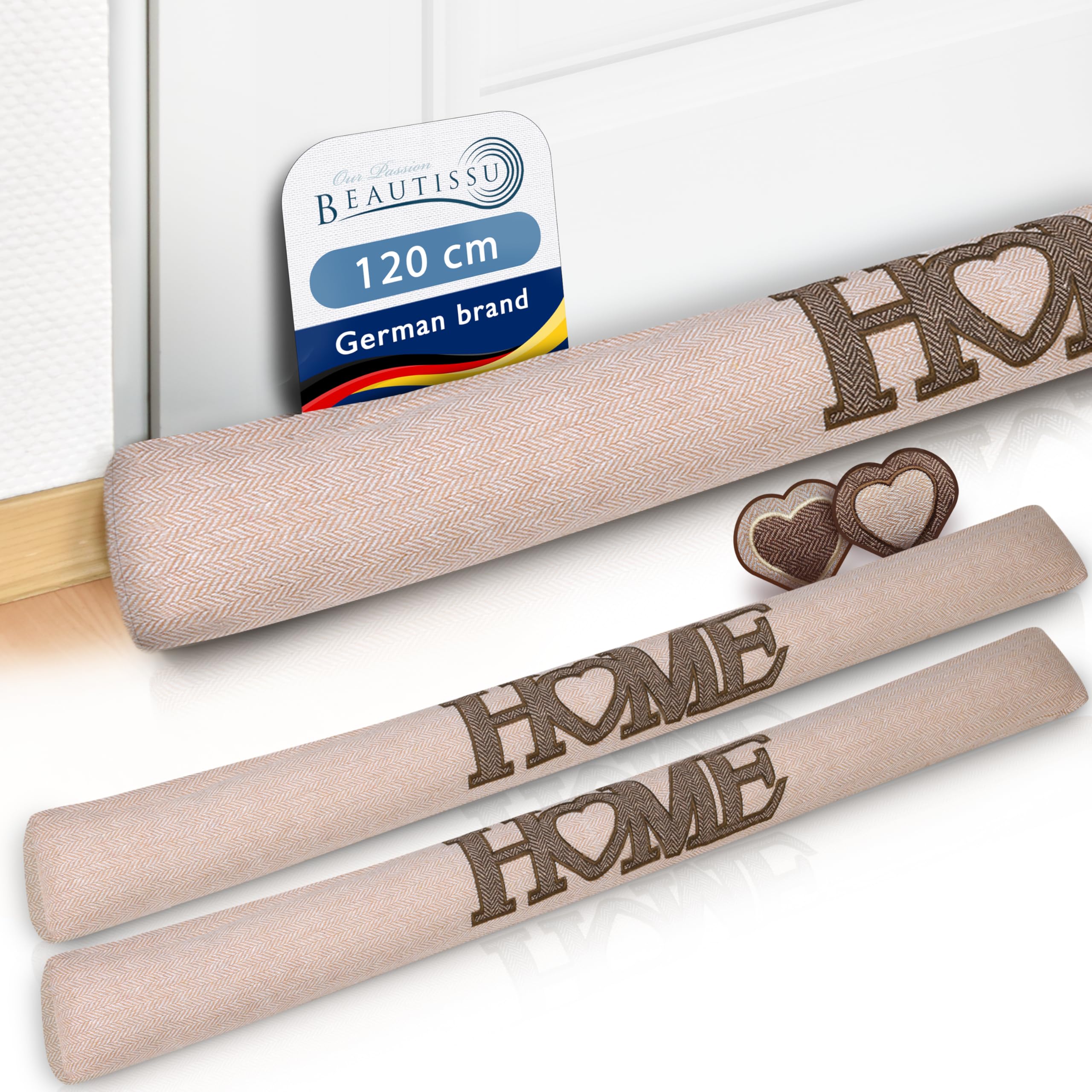 Beautuissu Set 2 Burlete Puerta 120 cm - Cojín Aislante Beige para Ventana Entrada Protección Frío Corrientes Aire 1,2 Kilo Burlete Cortavientos Puerta como Felpudo Decorativo - Tuuli HE