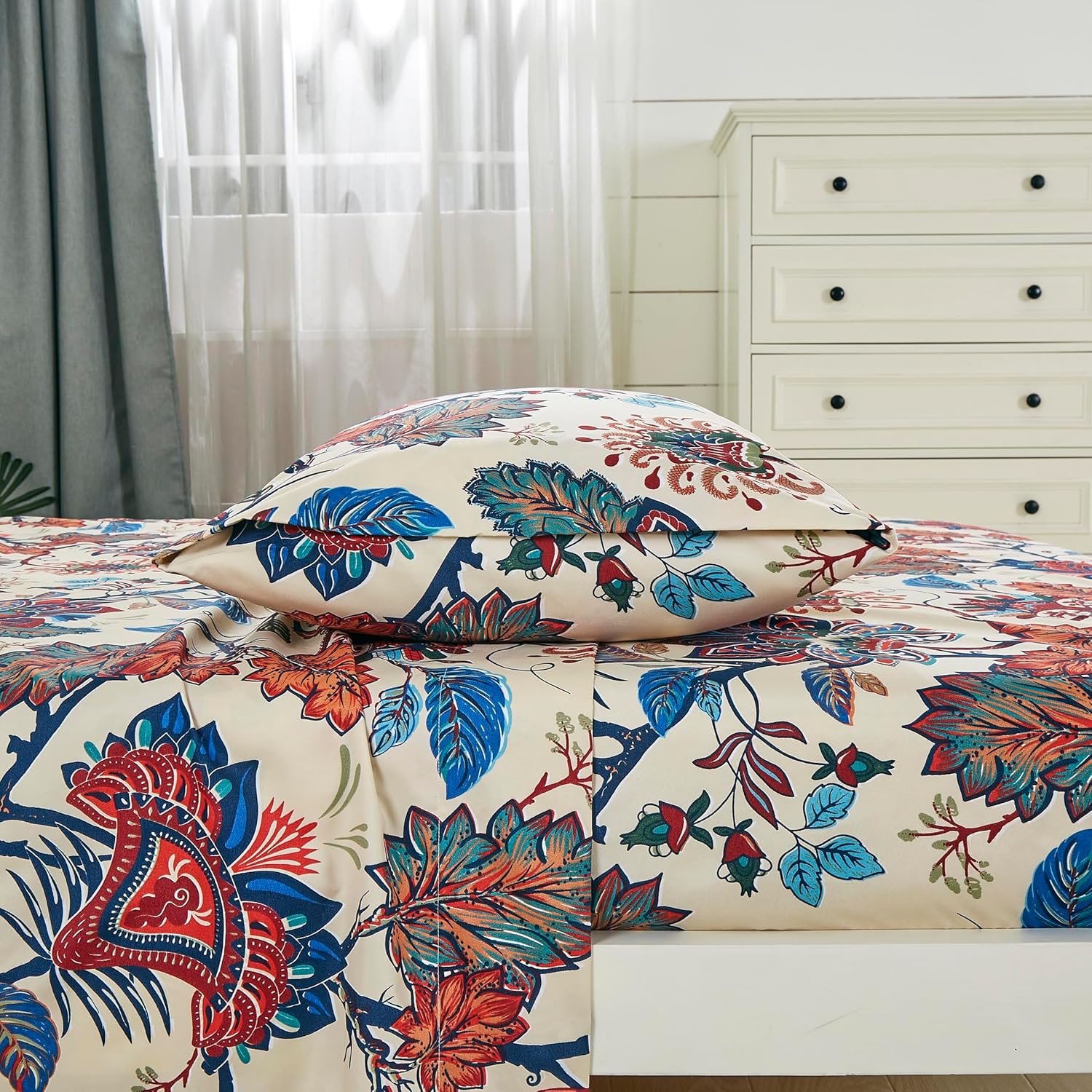 Chezmoi Collection Paradise 4-Piece Floral Bed Sheet Set - Multicolor Blue Red Orange Cream Printed Microfiber 14-Inches Deep Pocket Sheets & Pillowcases Set, King