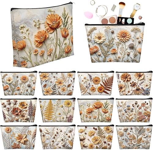 Sweetude 12 Pcs Fall Relief Flowers Makeup Bag Bulk Orange Autumn Portable Travel Cosmetic Bag with Zipper Fall Floral Waterproof Roomy Travel Toiletry Organizer Storage Beauty Pouch for Women Gifts