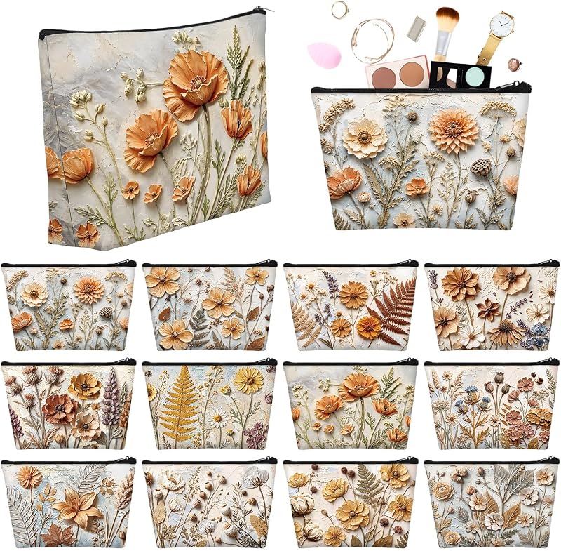 Sweetude Pacote com 12 necessaires florais laranja com zíper para maquiagem, viagem e organização
