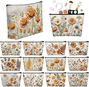 Sweetude 12 Pcs Fall Relief Flowers Makeup Bags - Orange Autumn Portable Travel Cosmetic Pouch with Zipper