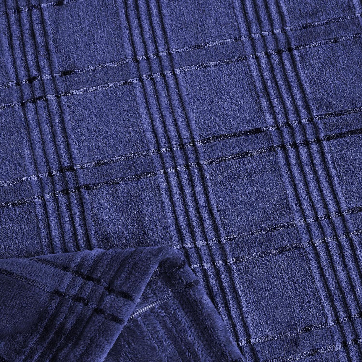 Super Soft Flannel Queen Blanket 90x90 Inches, Premium Checkered Jacquaed Silky Fleece Lightweight Bed Blanket All Season Use, Navy Blue Strip, 90"x90"