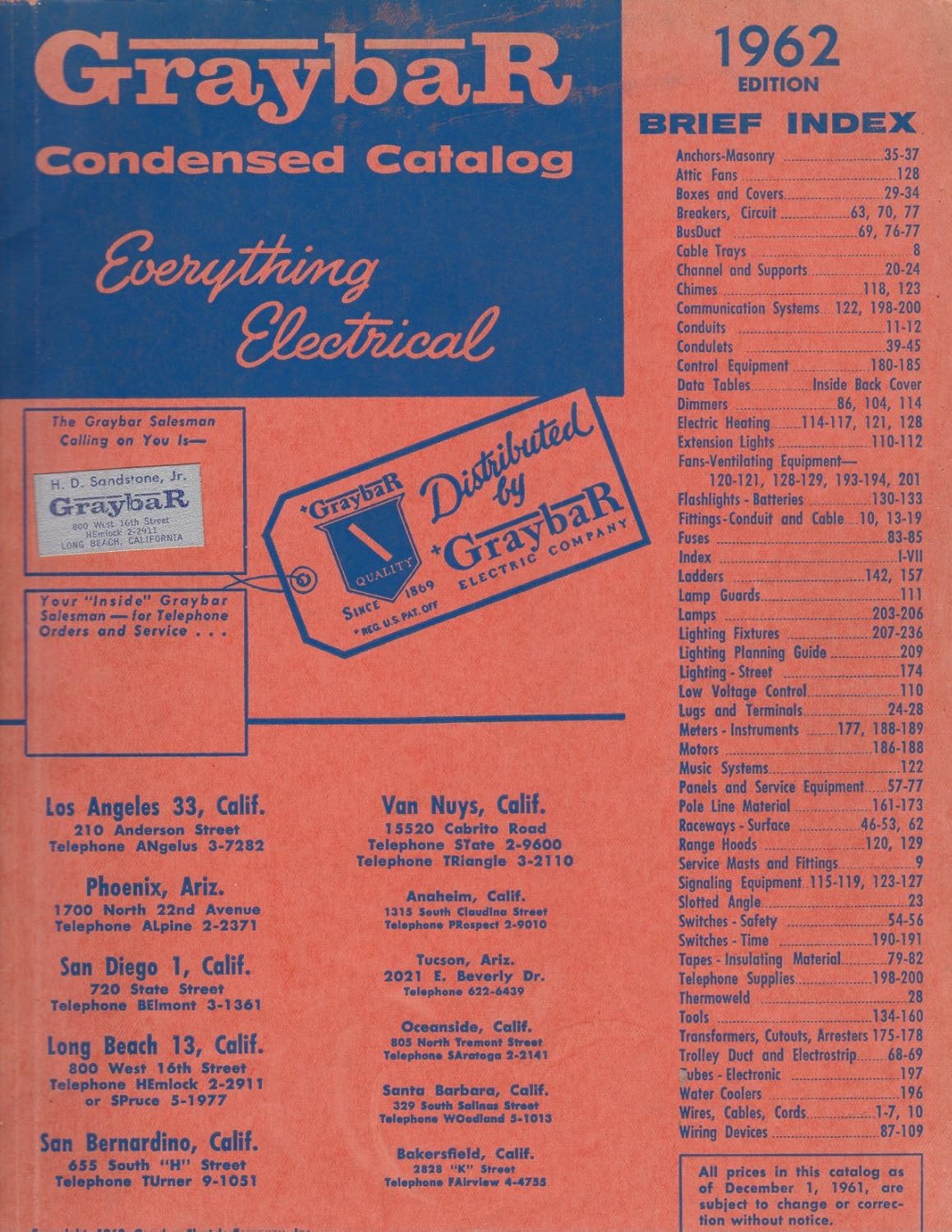 Graybar Condensed Catalog Everything Electrical 1962 Edition various
