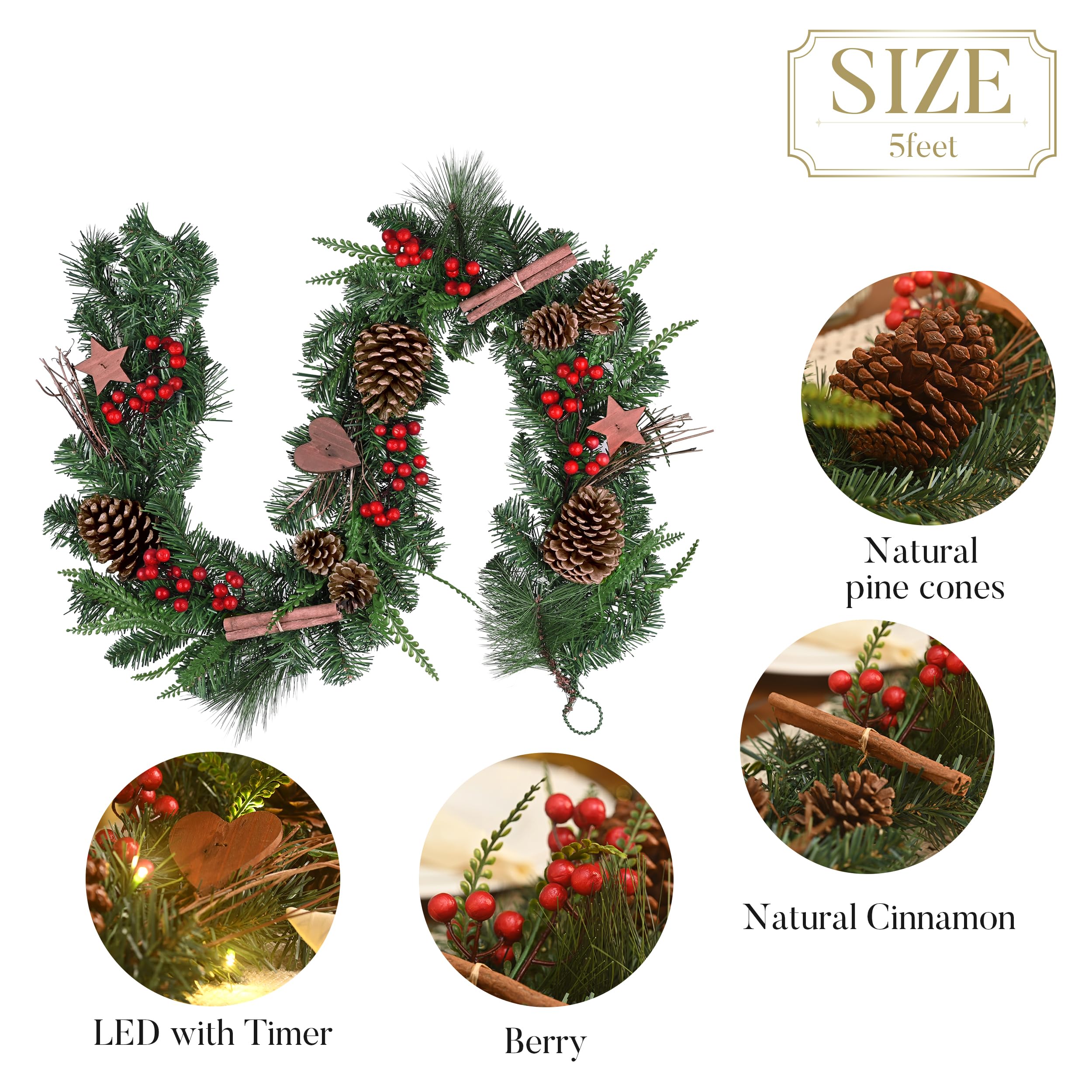 Valery Madelyn EG0202-0113 Guirlande de Noël en plastique avec 20 LED éclairées à piles - Décoration de Noël avec fonction minuterie - Guirlande d'étoiles en bois pour l'extérieur - Vert et rouge