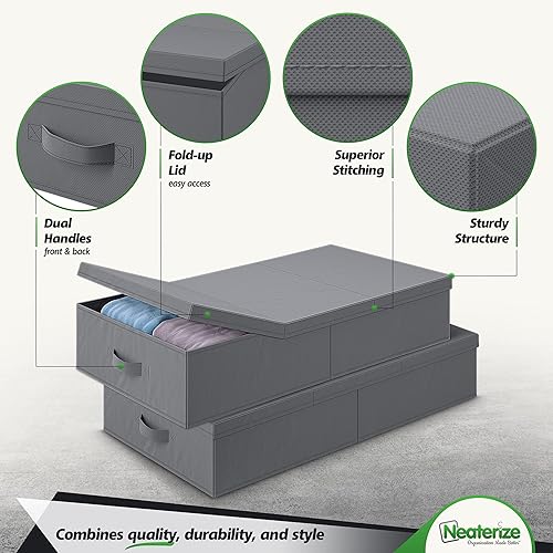 Miniatura 4 de NEATERIZE Contenedores de almacenamiento debajo de la cama con tapas Juego de 2 Contenedores de almacenamiento largos y planos apilables debajo de
