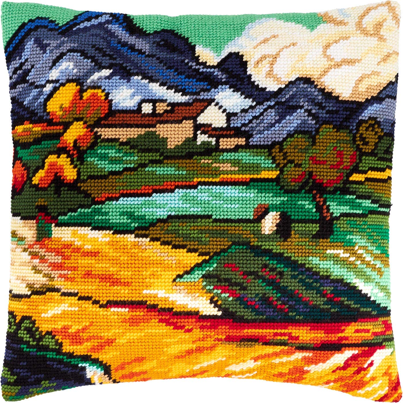 Brvsk Mount Gaussier und Farm Saint Paul. Stickset mit bedruckter Gobelin (40 × 40 cm) Stickkissen Set für kreative Inneneinrichtung Handarbeitsset für erwachsene Anfänger