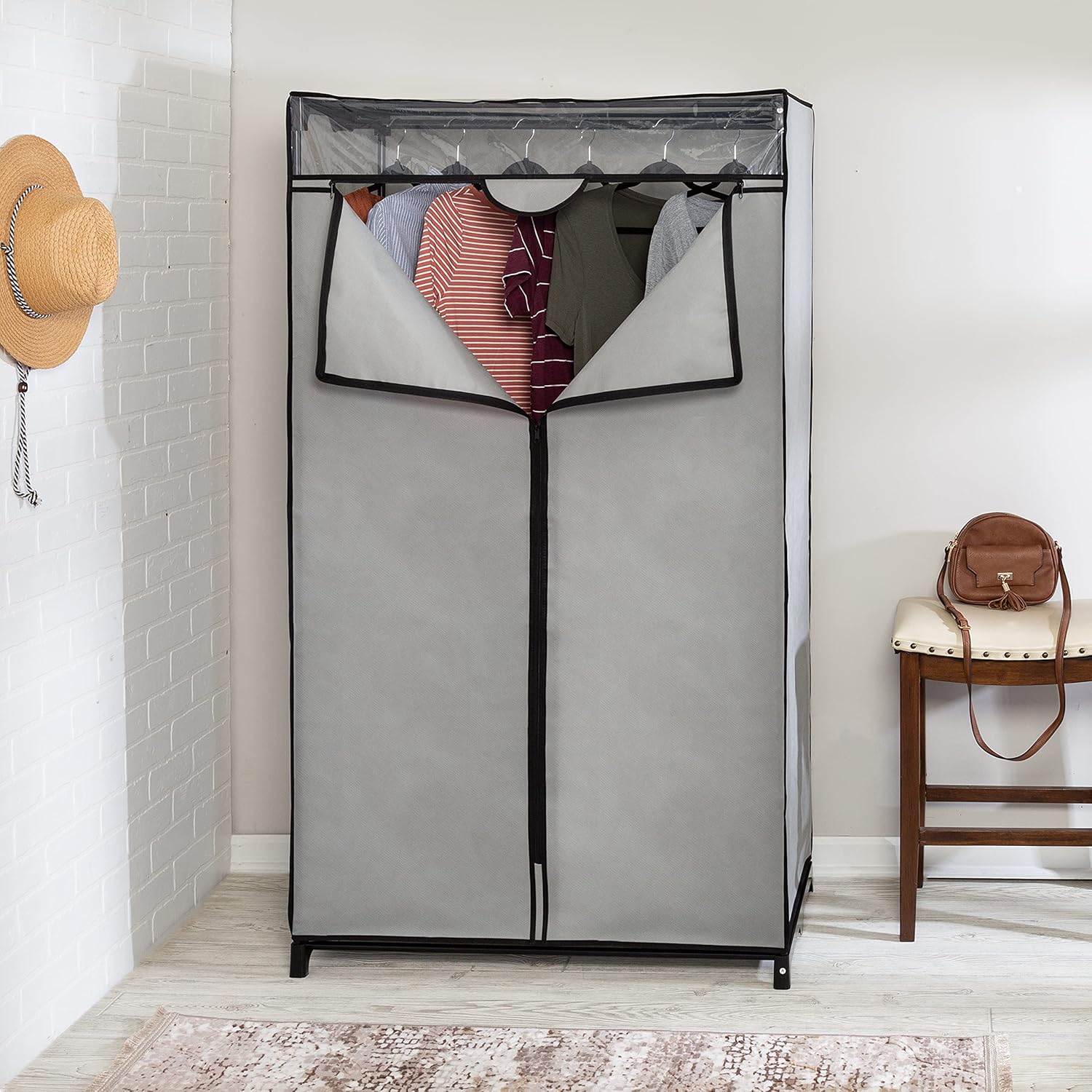 Honey-Can-Do 36-Inch Wide Double Door Portable Wardrobe Closet with Cover, Gray WRD-09195 Grey