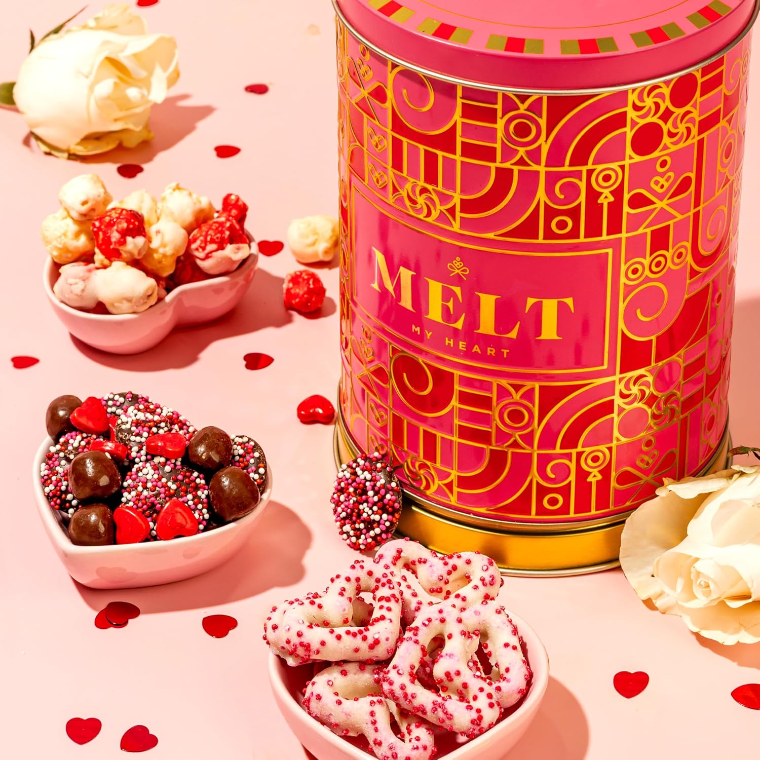 Gift Tin with Assorted Treats, Popcorn, Yogurt Heart Pretzels, Milk Chocolate Caramel Balls, Musical Present for Wife, Girlfriend, Romantic, Mom, Spouse, Plays La Vie En Rose- Bonnie and Pop