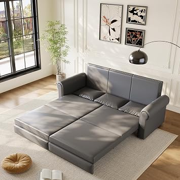 Deolme 93.7" Faux Leather Sleeper Sofa with Pull Out Bed King Size, Modern Chesterfield 3 in 1 Convertible Leather Couch Bed Futon with Pillows & Wide Armrests for Living Room Office Grey