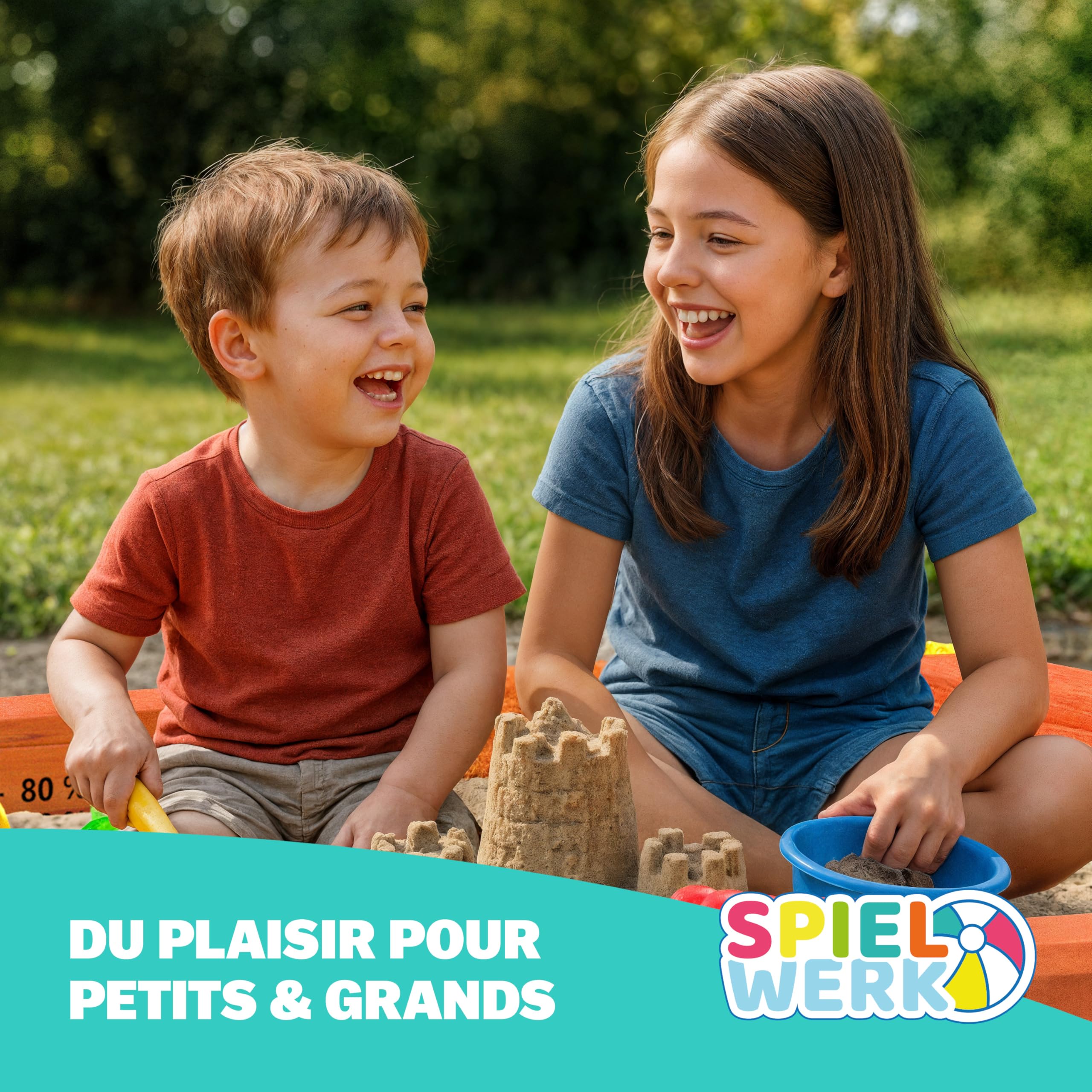 SPIELWERK® Bac à Sable en Bois Sami 120x120cm Tapis de Sol Toit réglable Protection UV 50+ Jeu pour Enfants extérieur Jardin