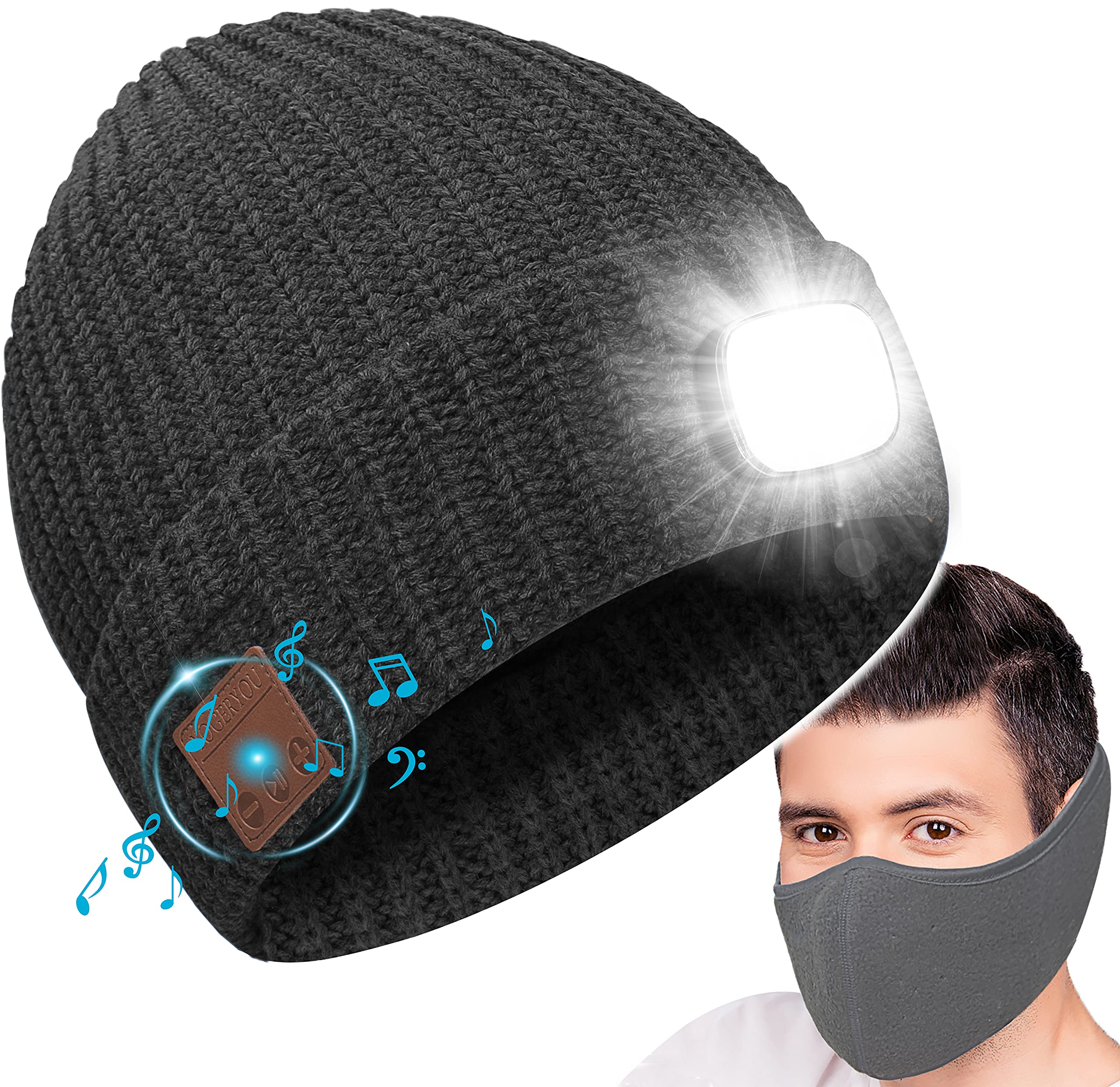 Photo 1 of Bluetooth Beanie Hat,w/Light LED & Face Cover, Dark Gray
