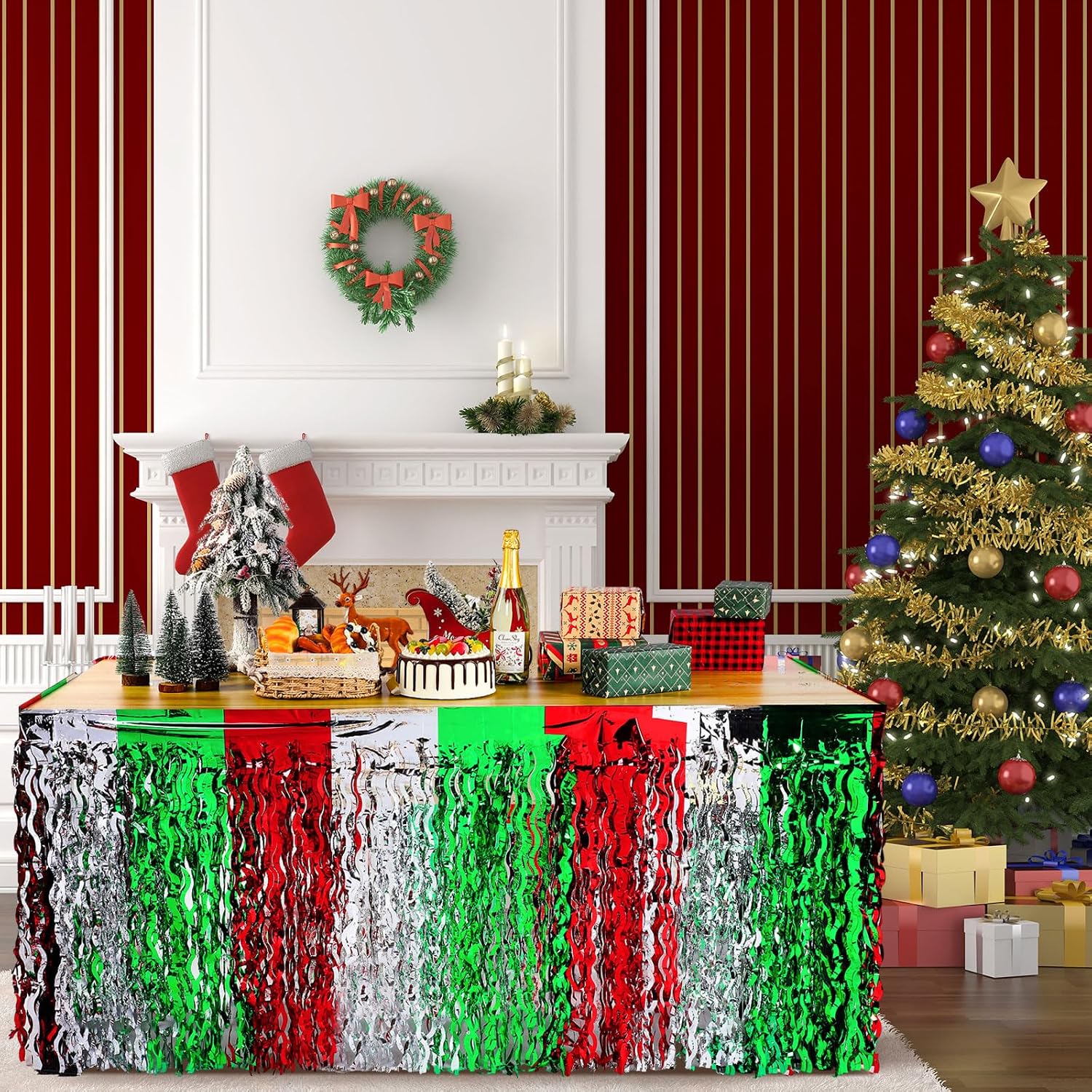 6 Pack Christmas Table Skirt Party Decorations Red Silver and Green Wavy Metallic Tinsel Foil Fringe Table Skirt for Rectangle Round Tables Streamer Backdrop for Ugly Sweater Party