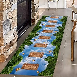 3D Aerial Suspension Bridge Entrance Carpet, 1.3x7ft, Visual Illusion Blue Sky White Clouds Hot Air Balloon Rug for Living Room, Dirty Resistant Foldable Sofa Area Mat for Front Porch
