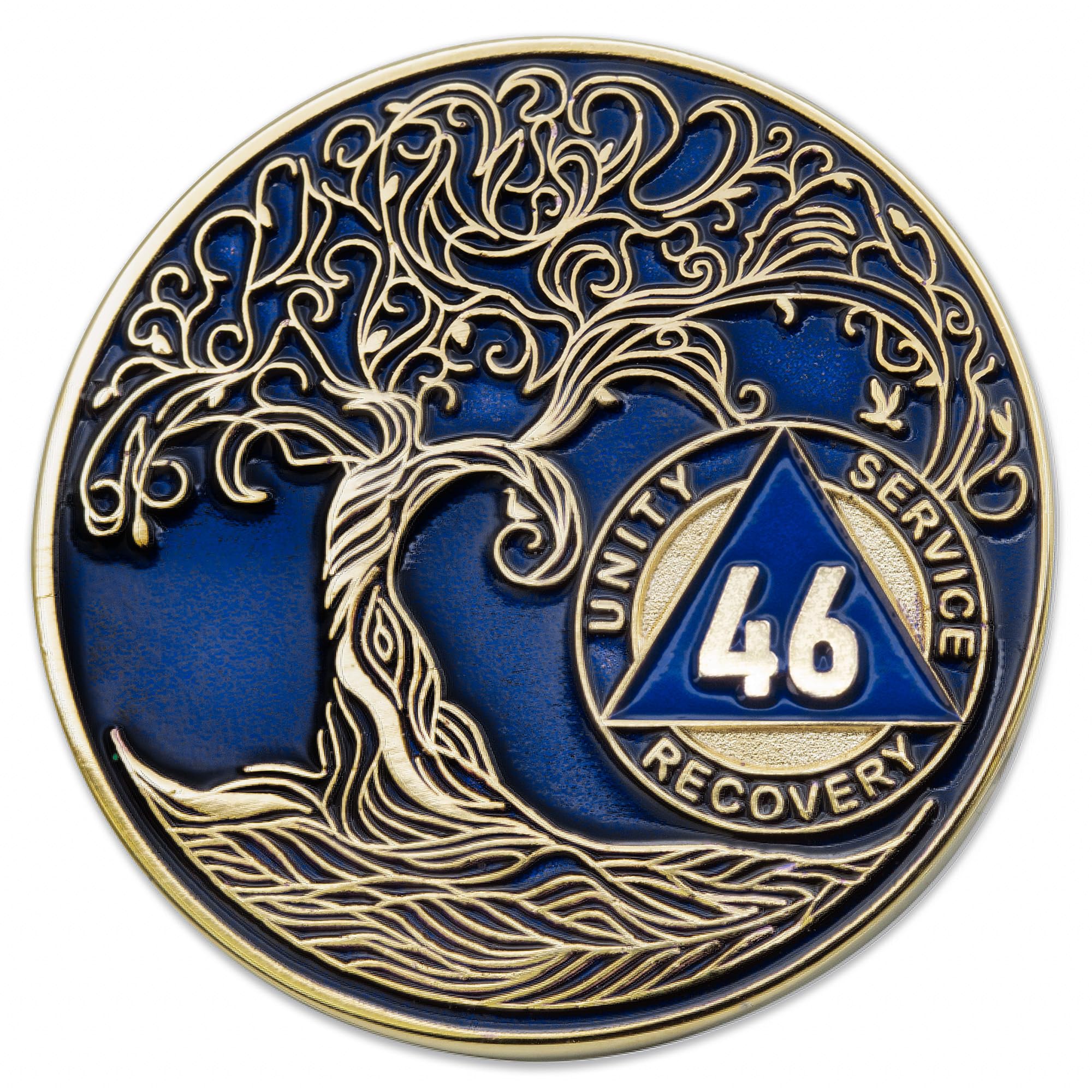 1 to 50 Year Twisted Tree of Life Sobriety Coin - Gold Plated AA Chips &amp; Medallions - 46 Year Sobriety Coin - Translucent Blue
