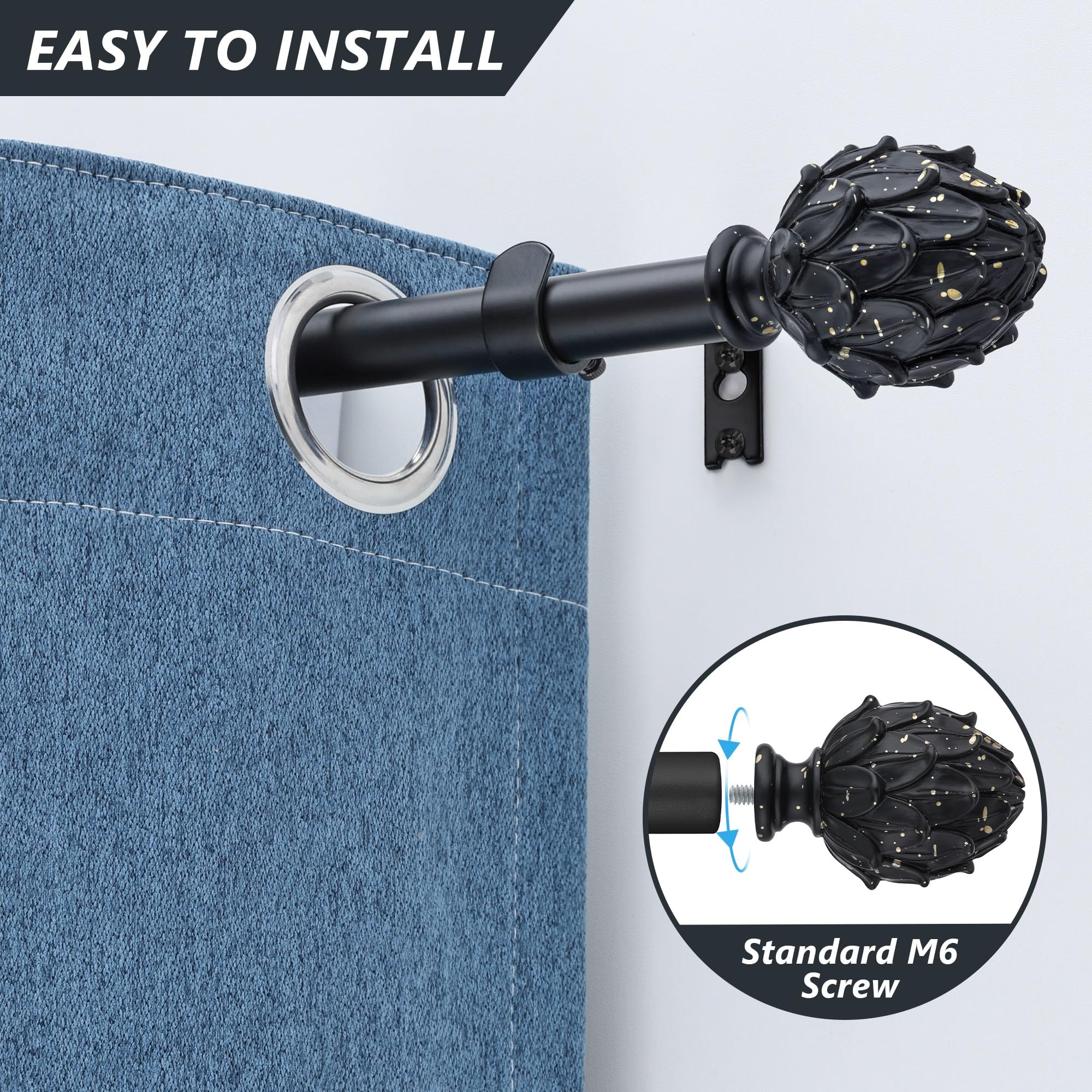 Curtain Rods for Windows 48 to 84 Inches 1 Inch Diameter Adjustable Drapery Rods Decorative Single Window Curtain Rods with Classic Finials,Black