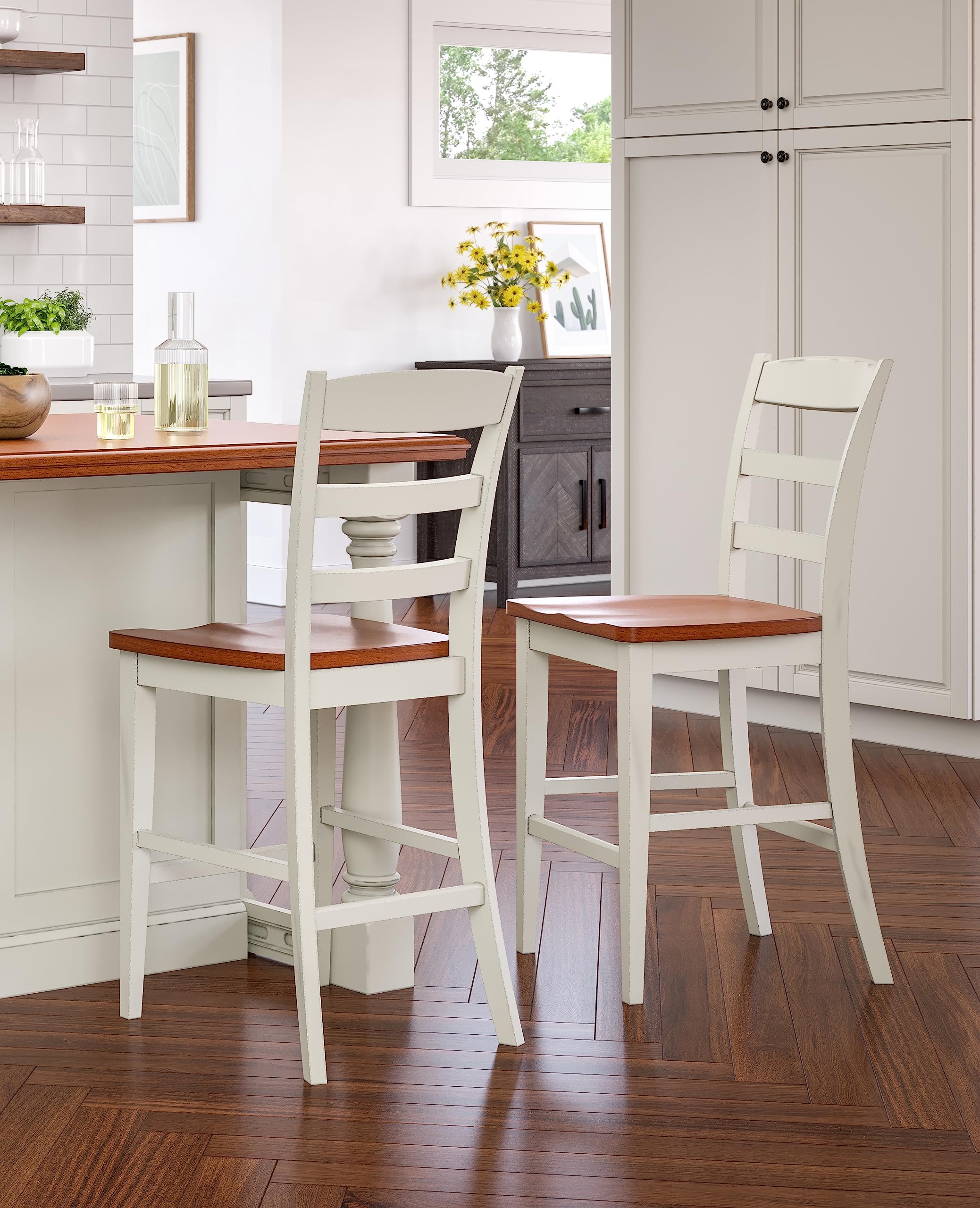 Home Styles Solid Wood Counter Bar Stool 24 inch High, Monarch Antique White with Distressed Oak Finish, Contoured Seat, Curved Legs, Shabby Chic Style