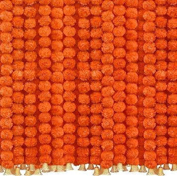 OCTERIC 6 Pcs 5 Feet Long Strands Marigold Flowers Garland with Bell Indian Wedding Decoration Artificial Decorations for Altar Faux Flower for Diwali, Pooja, Bush Floral Party Dark Orange