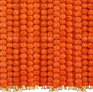 6 Pcs 5 Feet Long Strands Marigold Flowers Garland with Bell Indian Wedding Decoration Artificial Decorations for Altar Faux Flower for Diwali, Pooja, Bush Floral Party (Dark Orange)