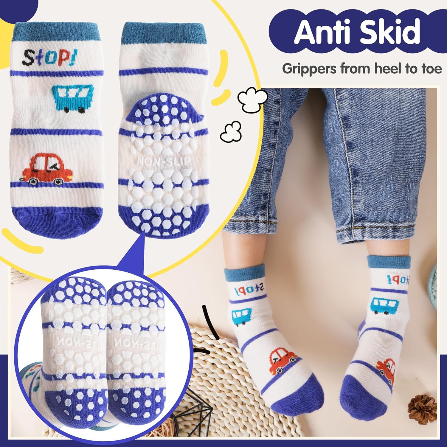 12 Pairs Baby Boys Girls Toddlers Grips Socks Kids Non Skid Anti Slip Cotton Crew Socks - Image 4
