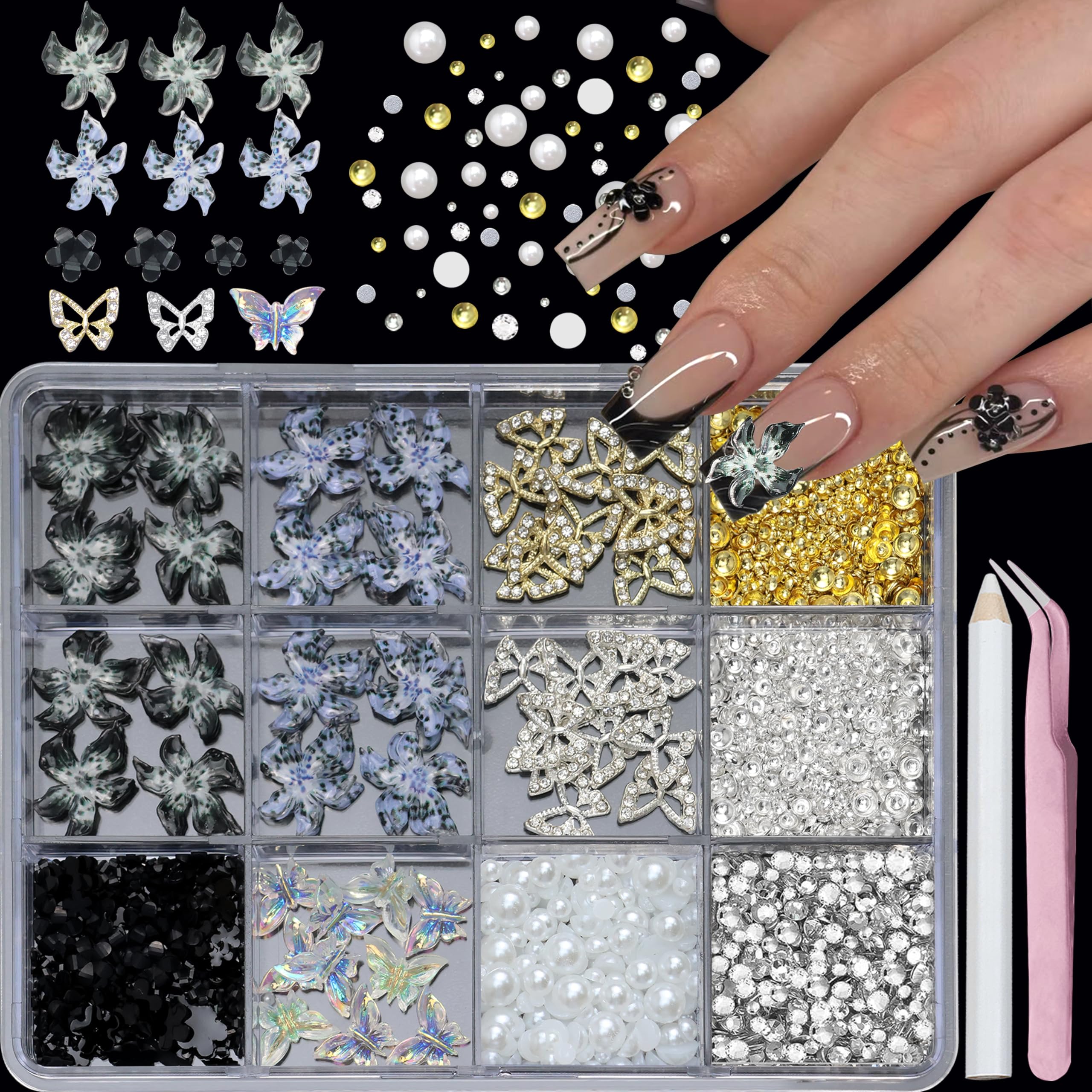 YOSOMMK 3D Black Flower Nail Art Charms and Gems Adjustable Soft Acrylic Flower Nail Gems Gold Silver Butterfly Nails Charms with Pearls Rhinestones for Women Nails Design Decoration