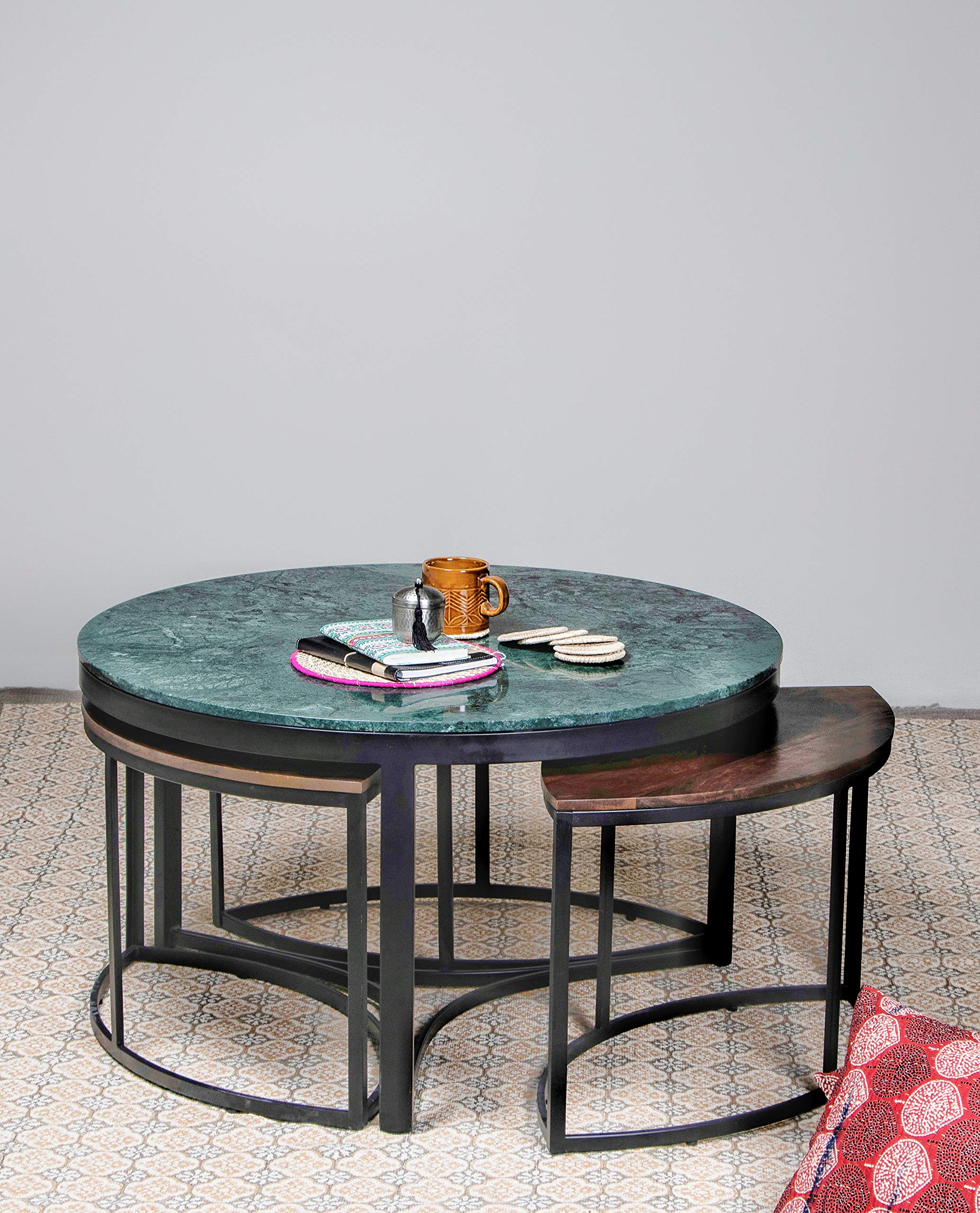 Fabindia Trois Coffee Table with 3 stools, Black, Standard