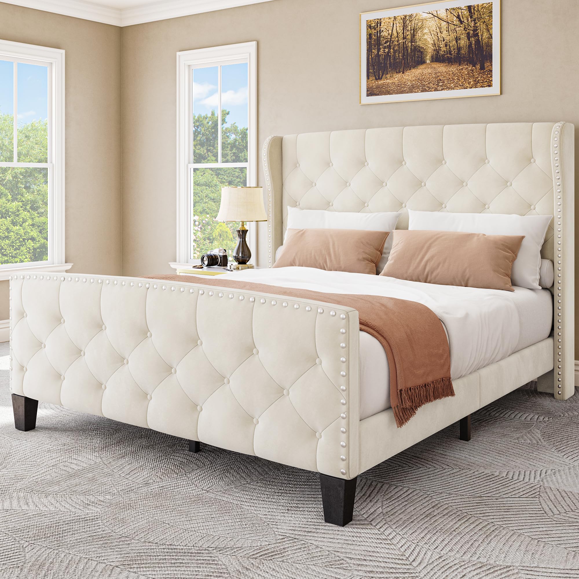 YITAHOME Bed Frame Queen Size, Platform Bed with Velvet Headboard & Footboard, Wingback Upholstered Bed Frame Mattress Foundation, No Box Spring Needed, Beige