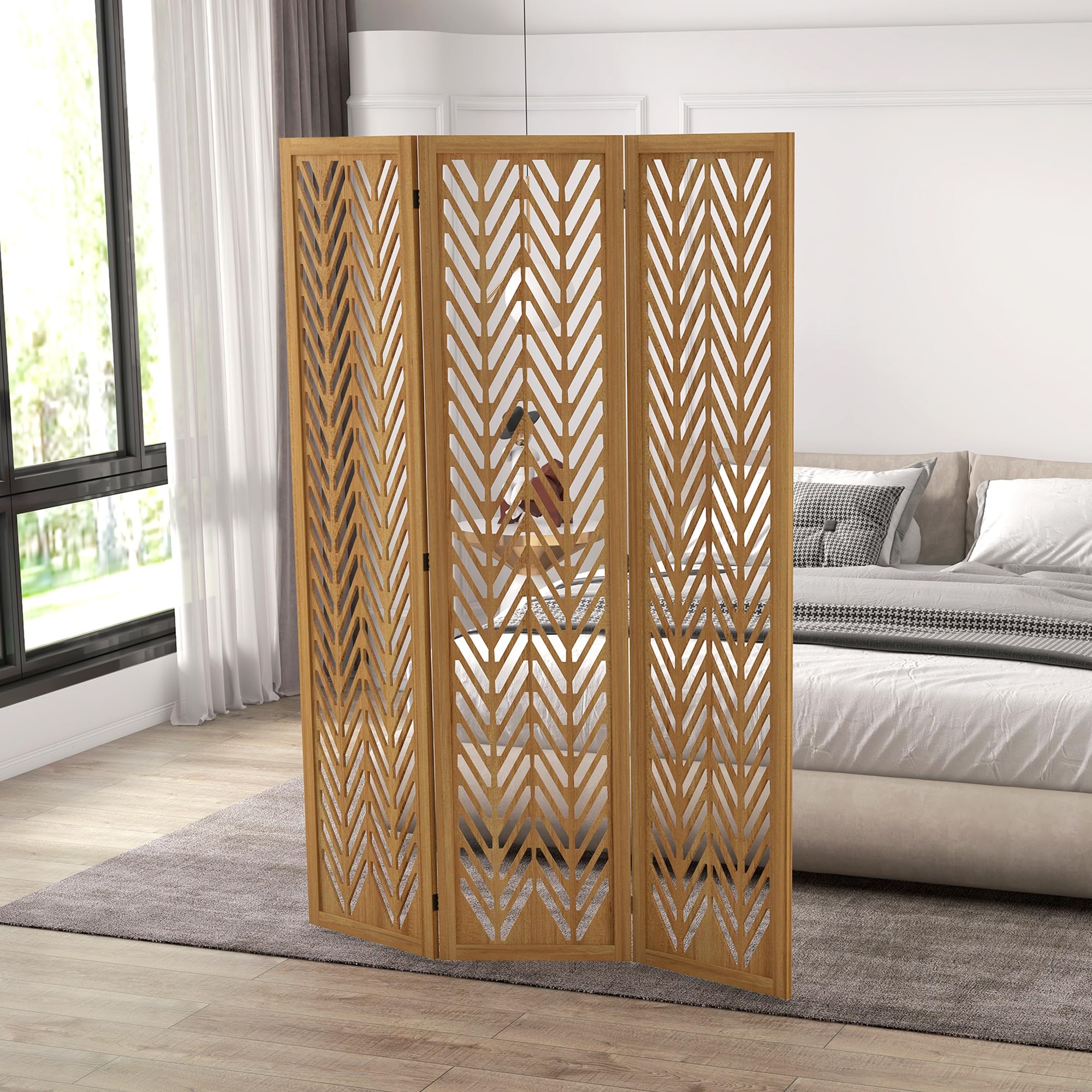 HOMCOM Biombo de 3 Paneles Separador de Ambientes Plegable 120x1,7x170 cm Divisor de Habitación de Madera con Patrones Geométricos para Oficina Dormitorio Natural