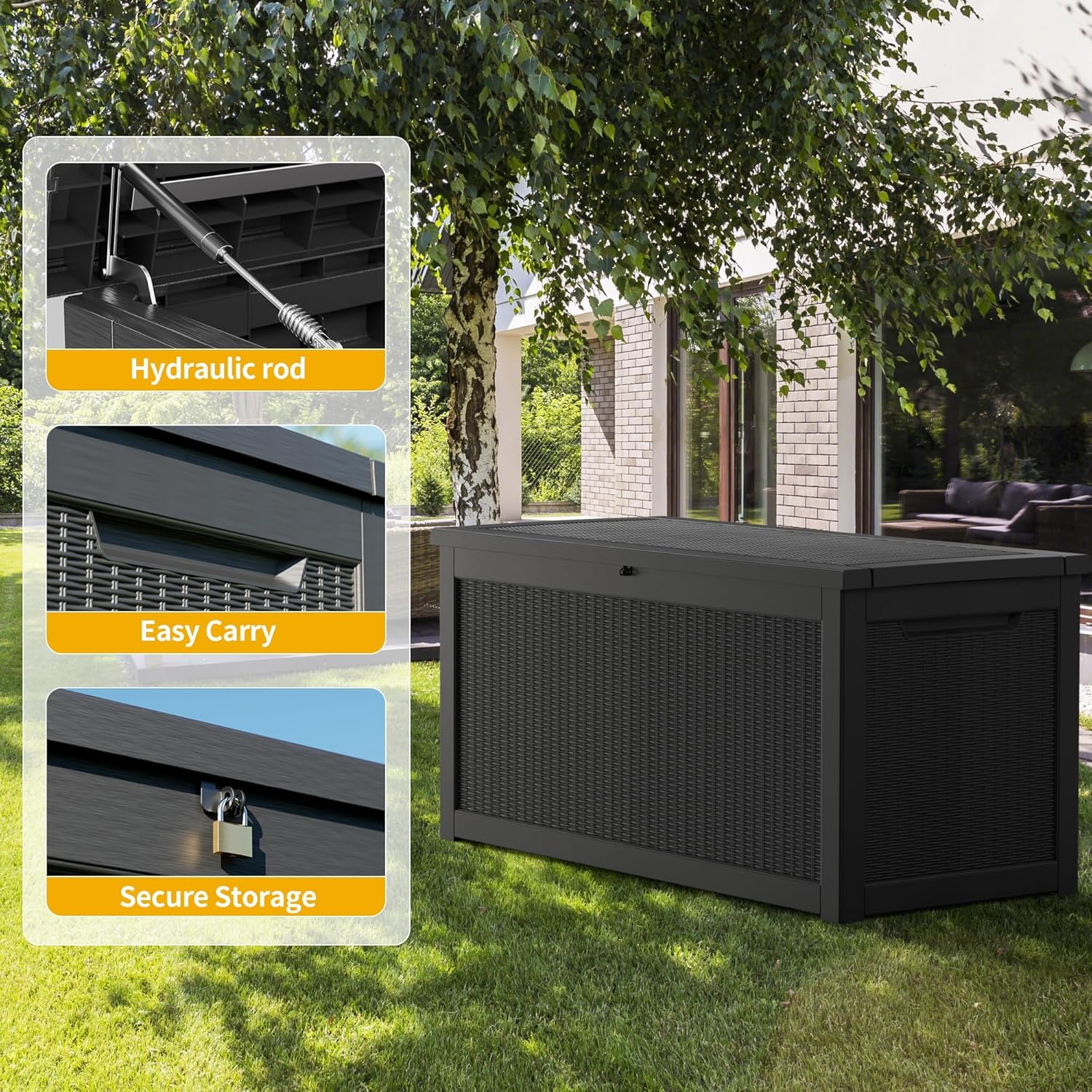 320 Gallon Heavy Duty Deck Storage Box, Extra Large Storage Organizer for Patio Furniture Accessories, Garden Tools, Indoor Storage for Cushion, Matte Black