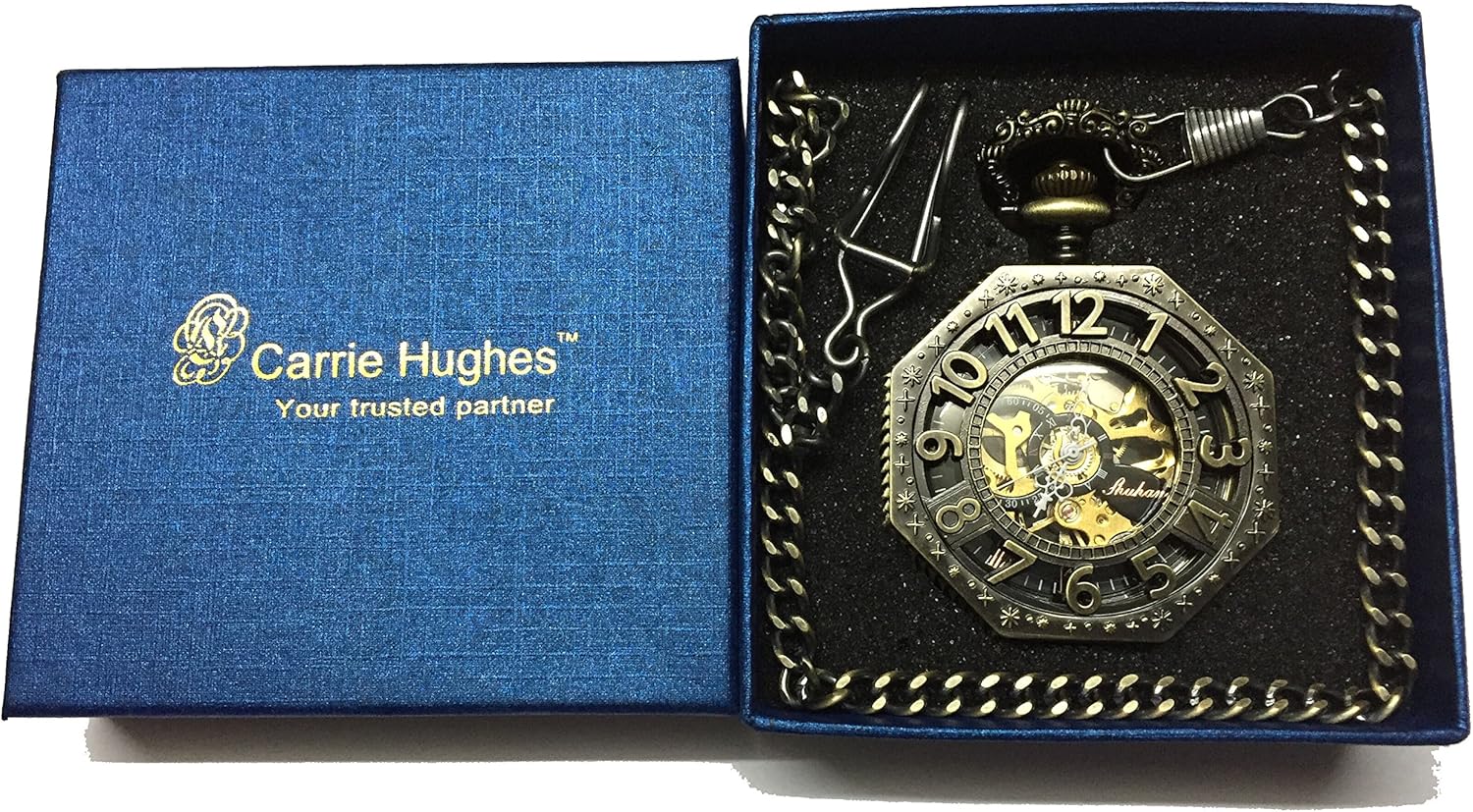 Carrie Hughes Men's Pocket Watch, Vintage Railroad Mechanical Hand Winding Pocket Watch with Chain, Bronze Numerals Octagon Steampunk Pocketwatch, Lucky Gifts for Men CHPW02