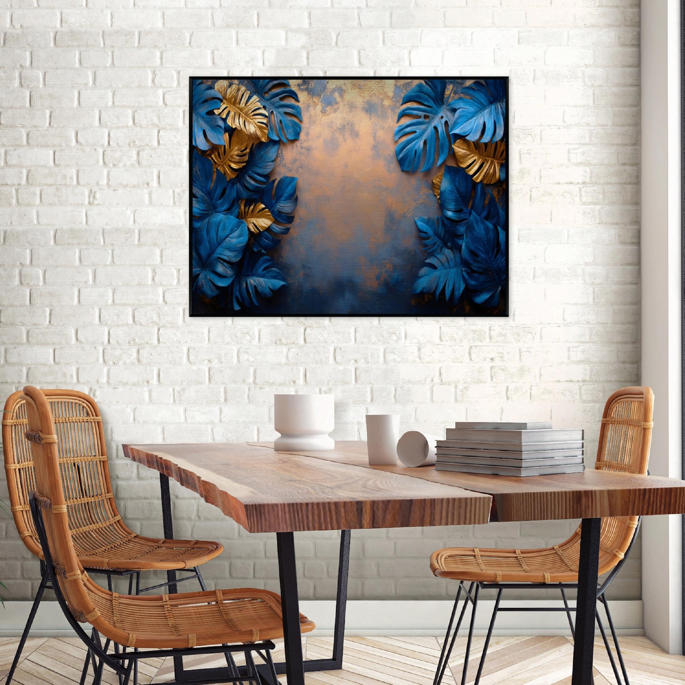 WallArena Bilder auf Metalln mit Rahmen Blätter, Blau, 150 x 100 cm