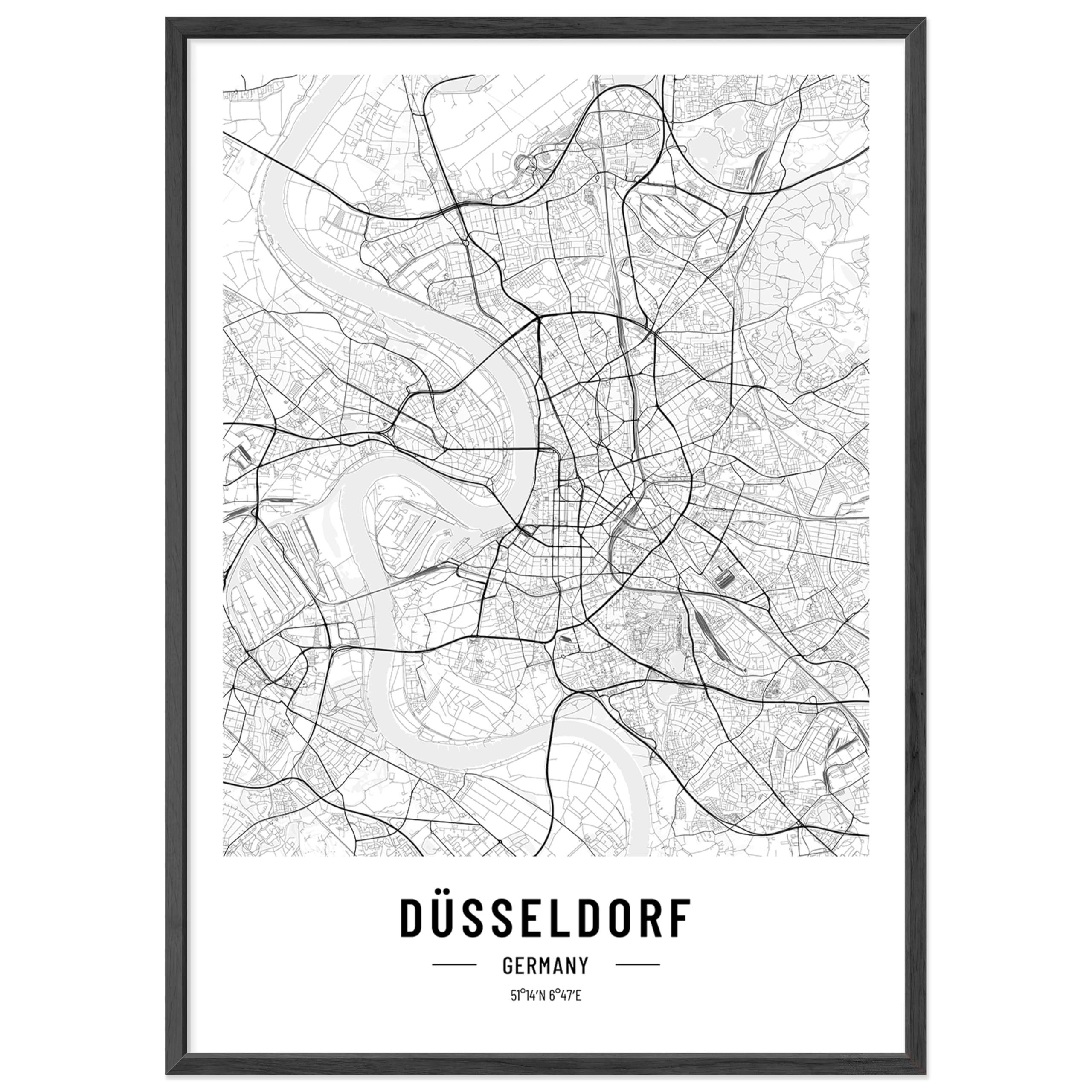 JUNOMI® Düsseldorf Poster DIN A2 mit Rahmen Schwarz, DIN A2 Wohnzimmer Deko, Modernes Wandbild, Düsseldorf Bild, Wandbild mit Rahmen, Stadtplan Poster Düsseldorf, perfekte Geschenkidee