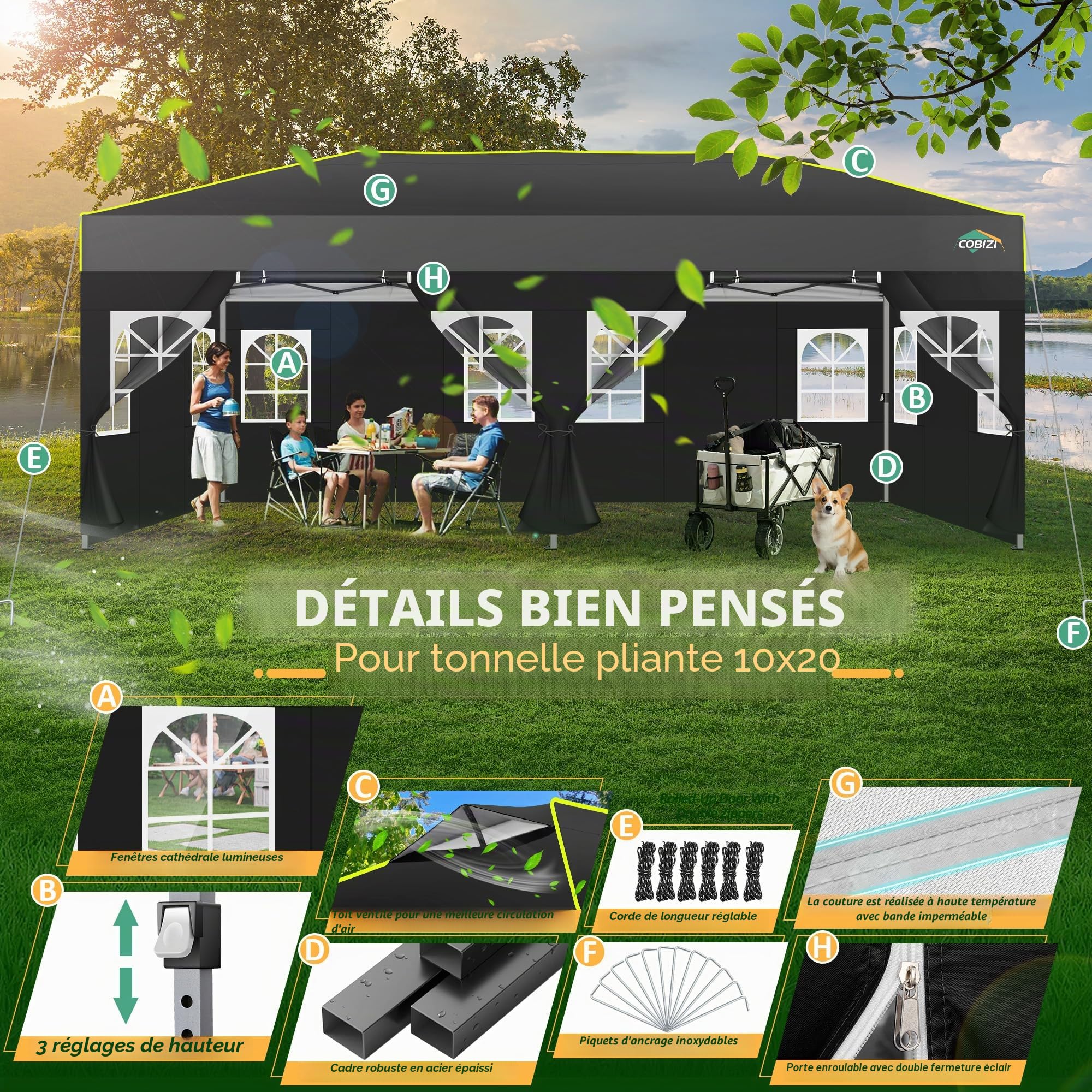 COBIZI Tonnelle Pliante 3x6, Tonnelle de Jardin Exterieur, Imperméable Tente de Reception avec 6 Panneaux Latéraux, Protection UV 50+, Tonnelle de Jardin pour Fêtes Commercial Mariage,Noir