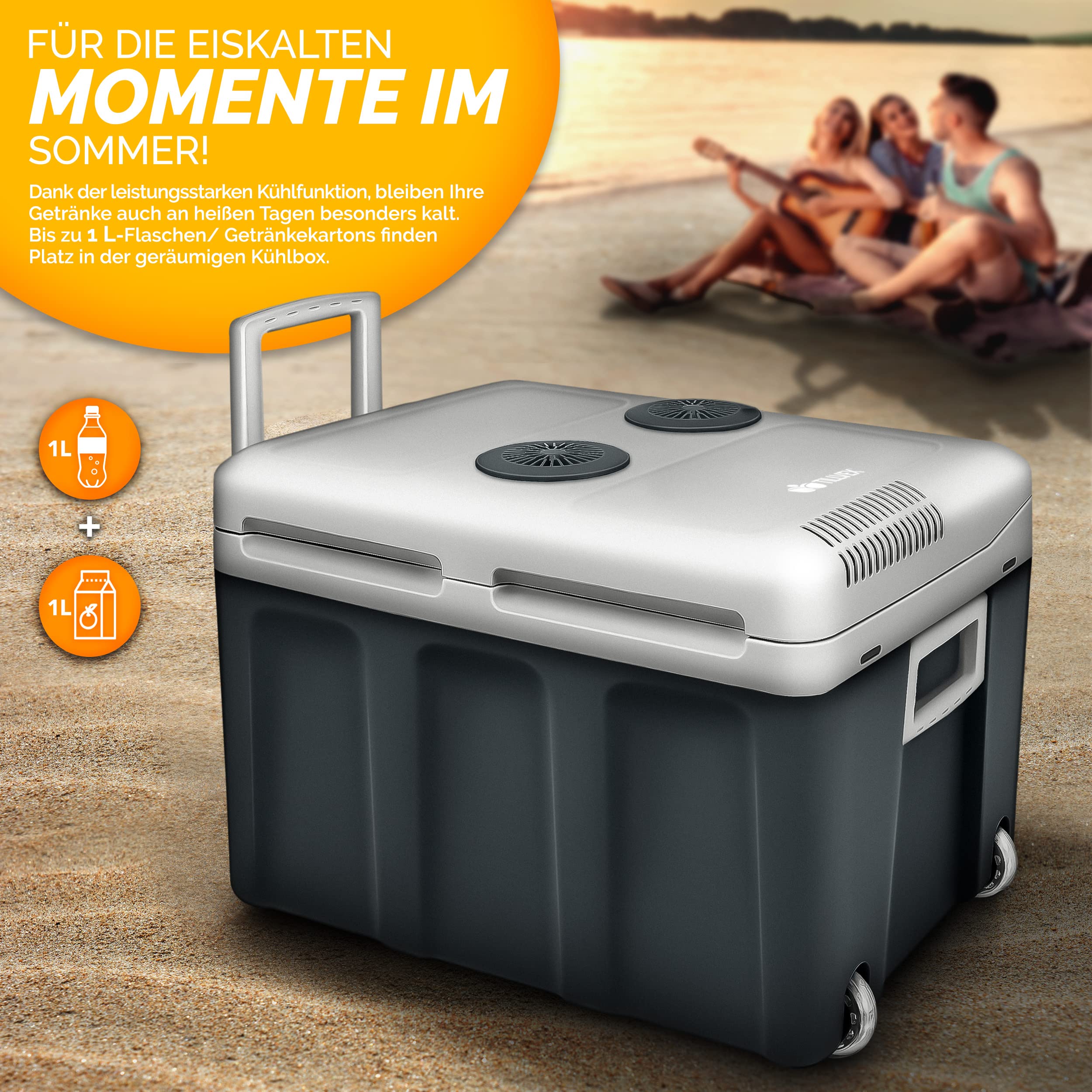 tillvex Kühlbox elektrisch 40L mit Rollen | Mini-Kühlschrank 230 V und 12 V für KFZ Auto Camping | kühlt & wärmt | ECO-Modus (Grau)